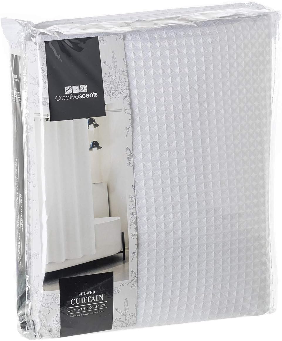 Waffle Fabric White Shower Curtain with Liner Set
