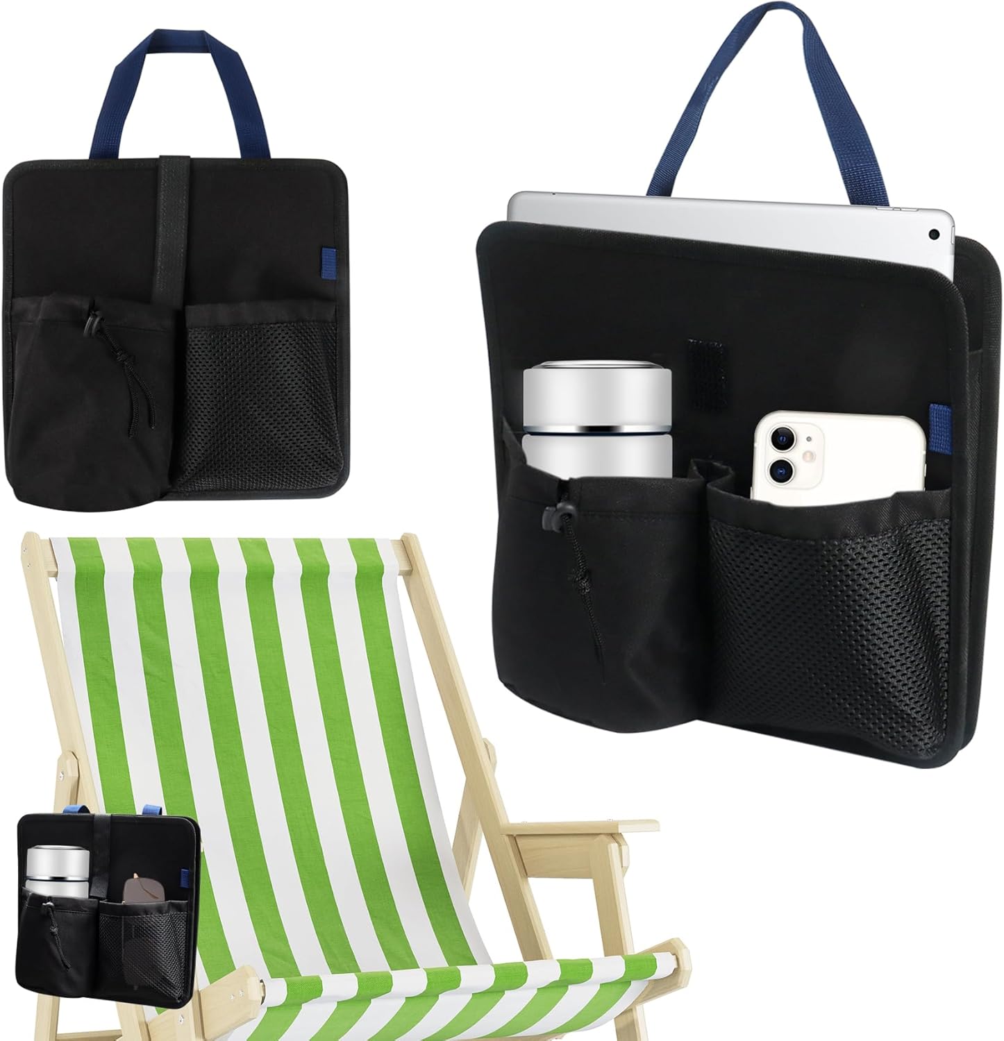 Klmnop Beach Chair Cup Holder with 3 Pockets - Black