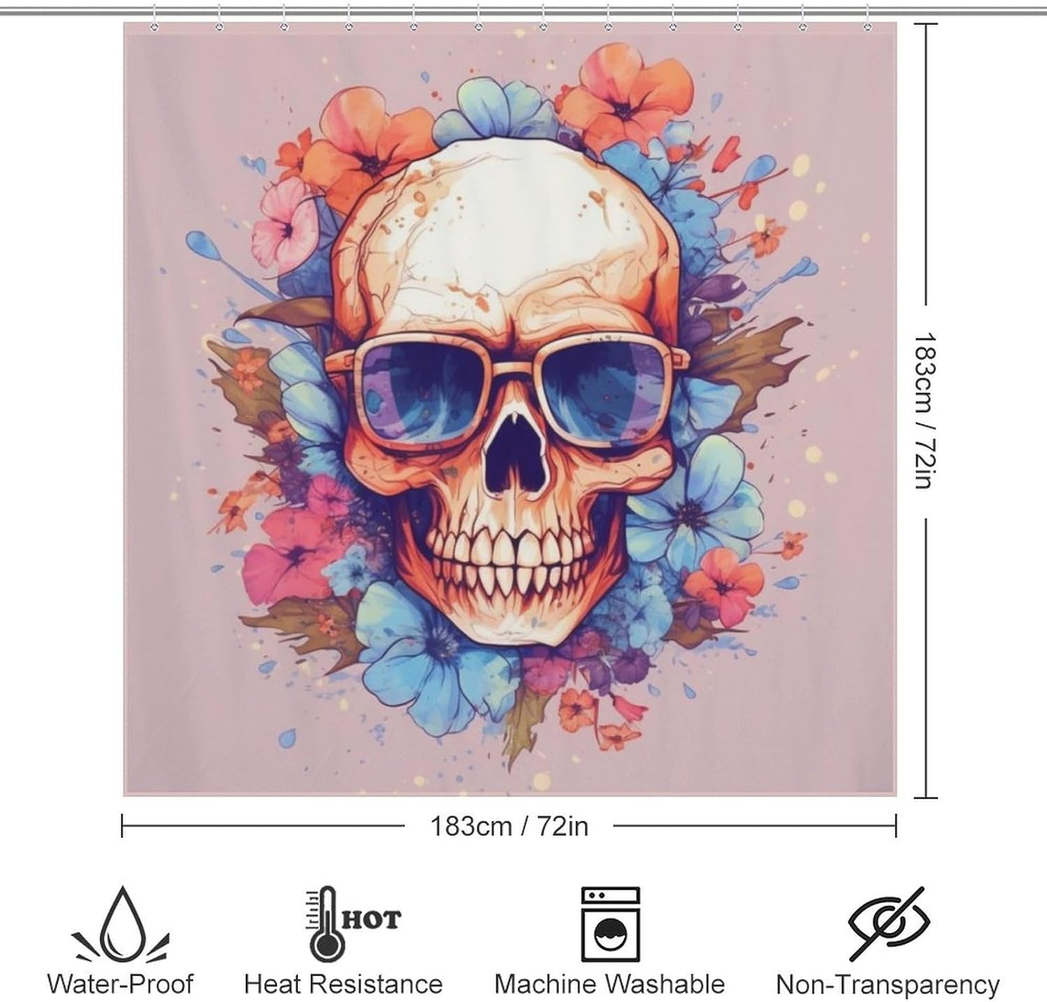 Boho Blue Flower Skull Shower Curtain Set with 12 Hooks