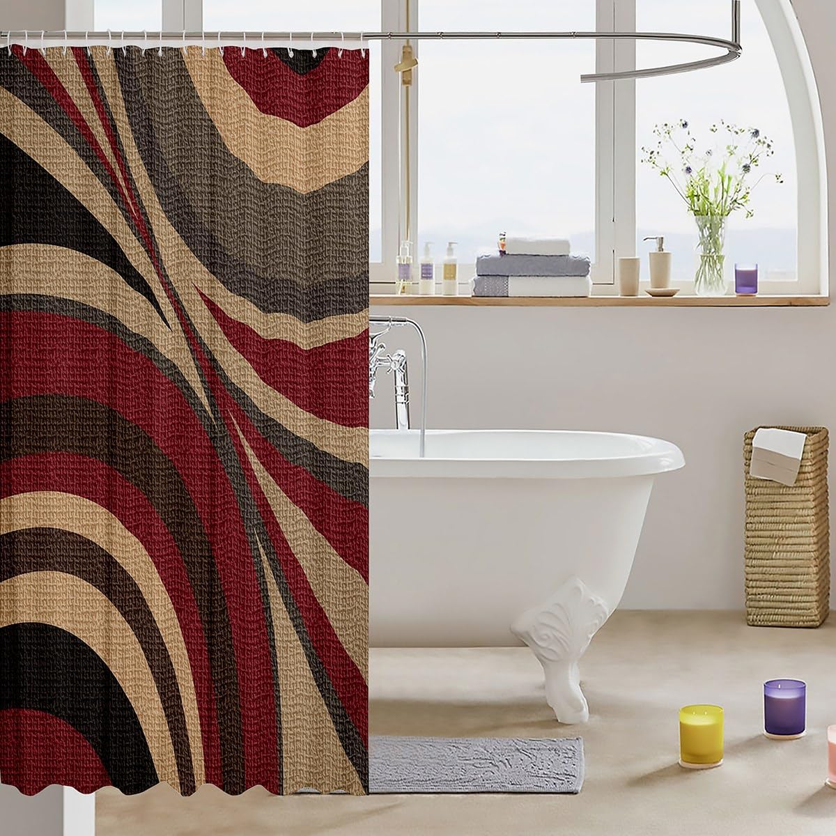 Feelyou Burgundy Red Brown Stripe Shower Curtain 72x72 Kids Geometry Bath Set