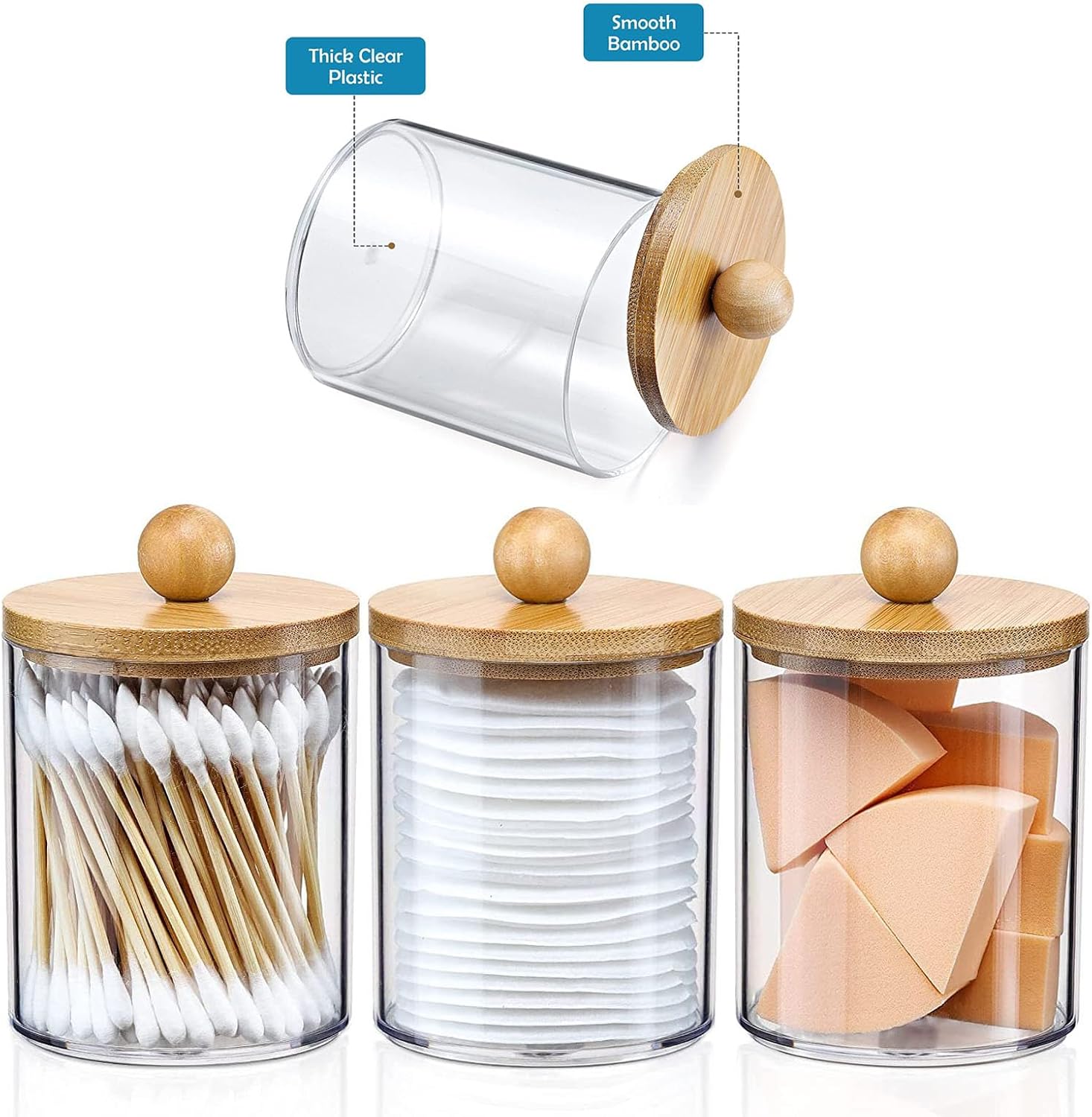 DIYOHFE 3PC Acrylic Q-Tip Dispenser with Wood Lid
