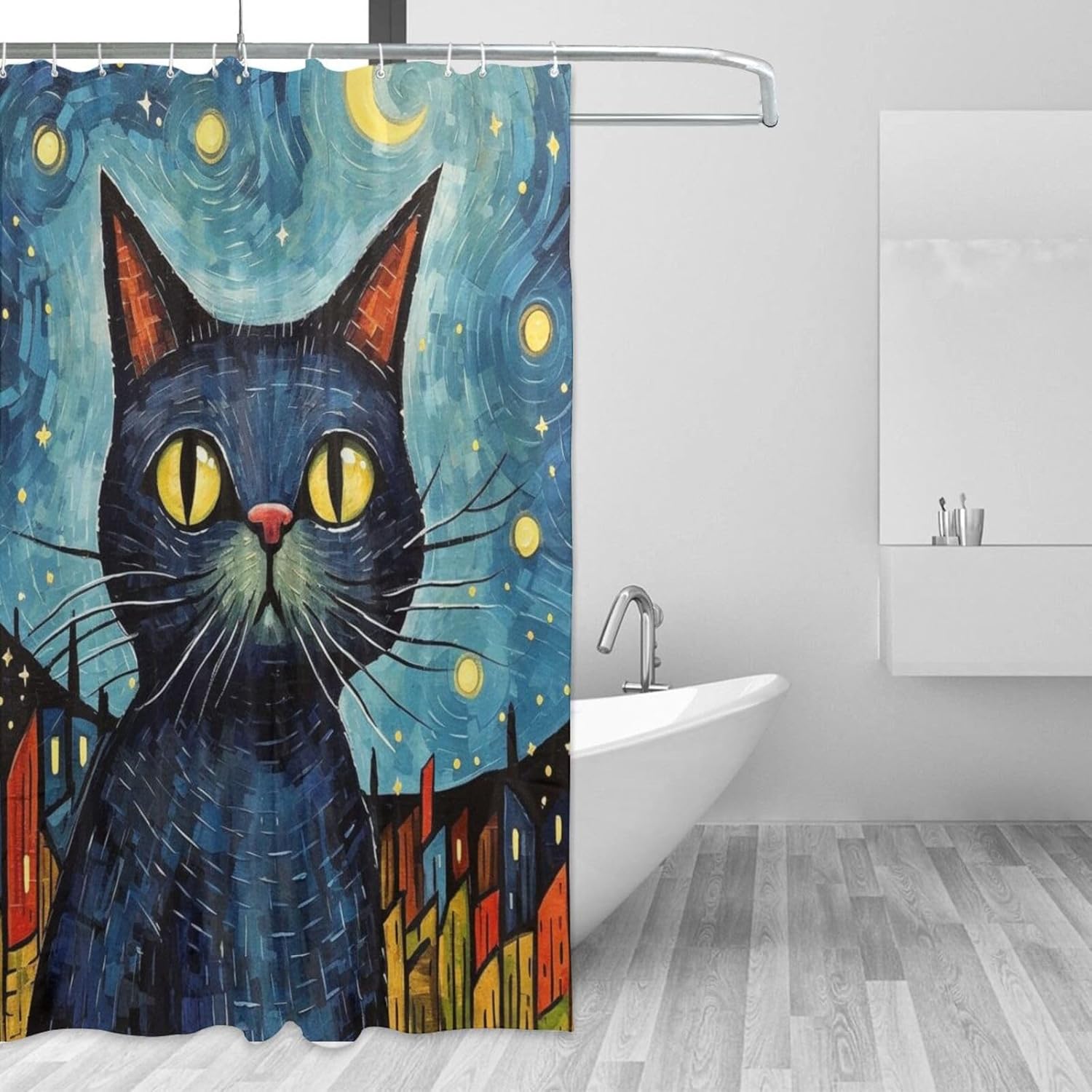 Black Cat Shower Curtain Set with 12 Hooks 72x72in