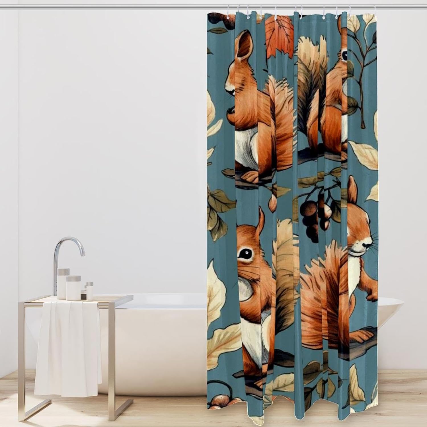 Cute Squirrel Shower Curtain Set with 12 Hooks