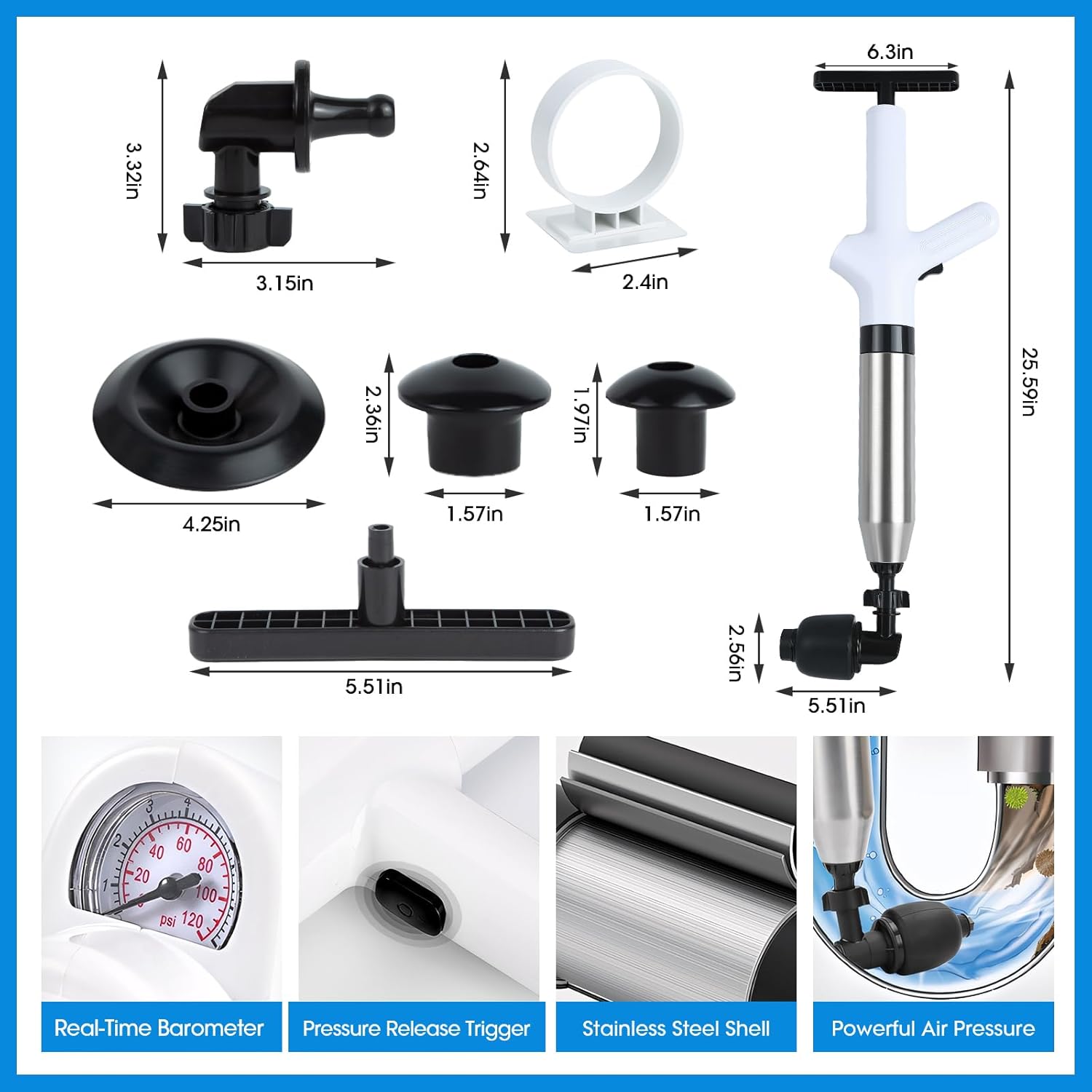 Toilet Plunger with Pressure Barometer for Clogs