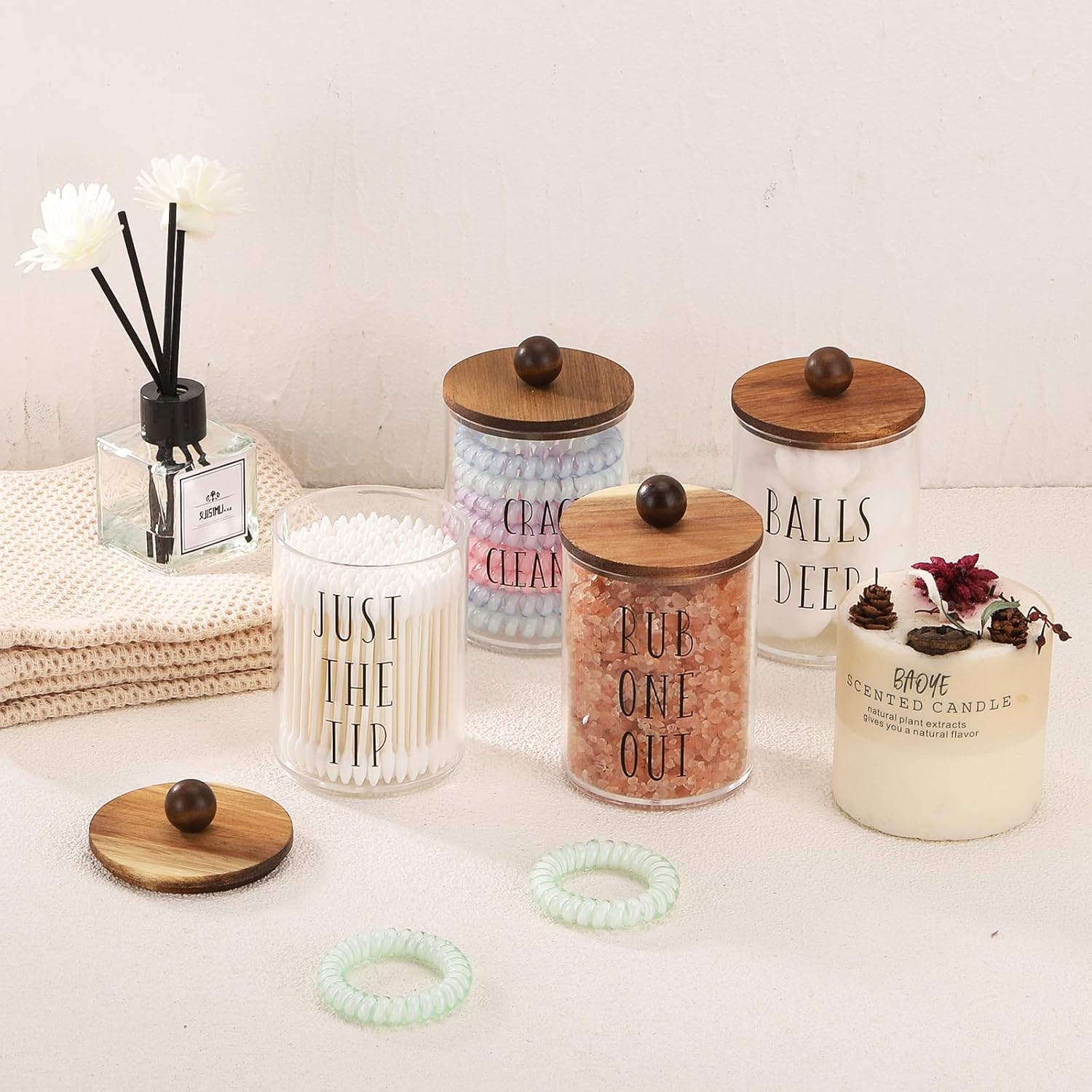 4 Pack Qtip Holder with Wood Lids - 10 oz Clear Storage Jars