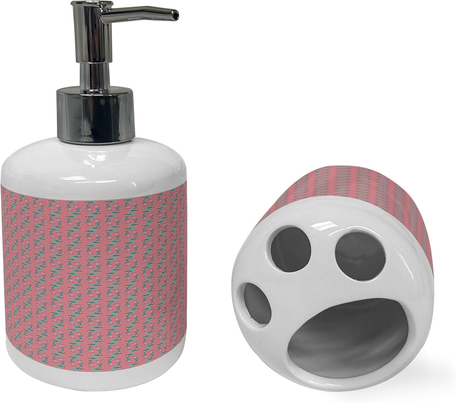 Ambesonne Modern Soap Dispenser Toothbrush Holder Set Pale Pink Turquoise