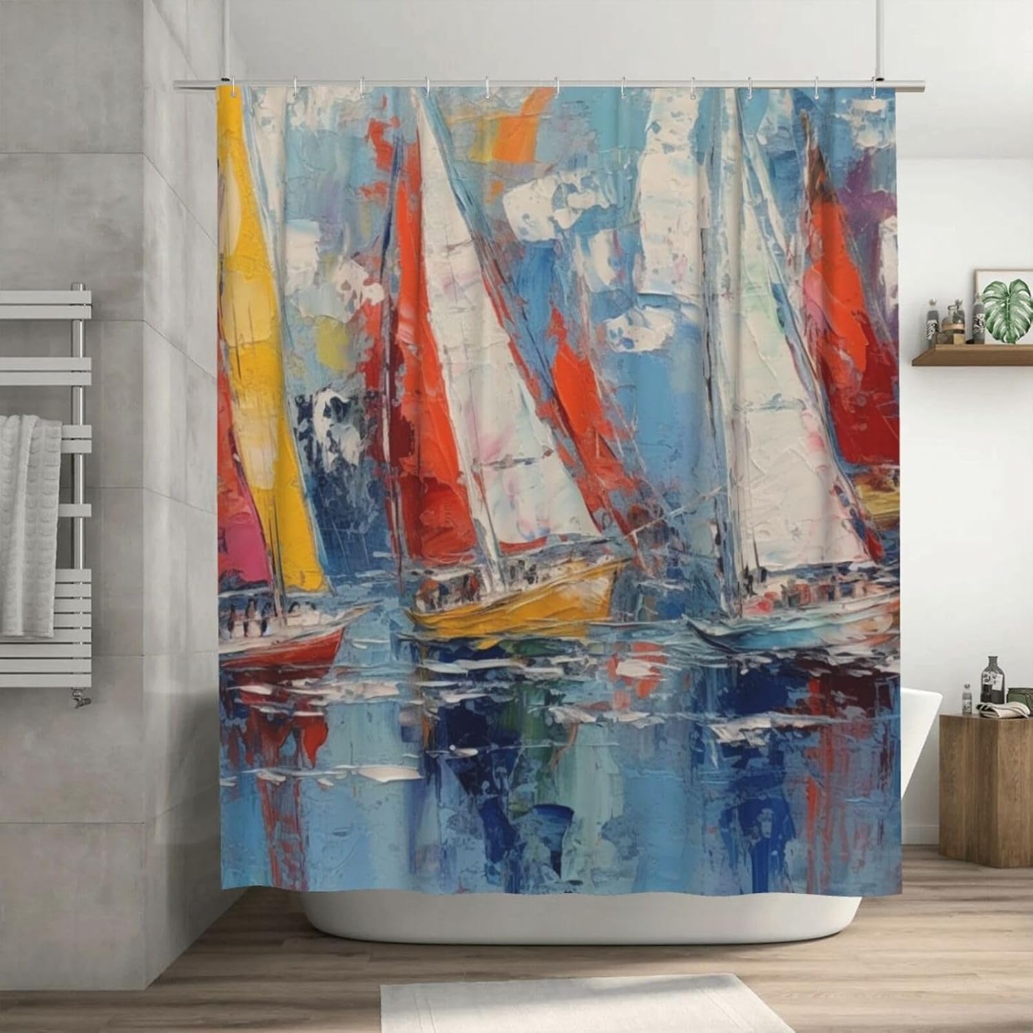 Red White Sailboat Shower Curtain Set with 12 Hooks 72x72in 1