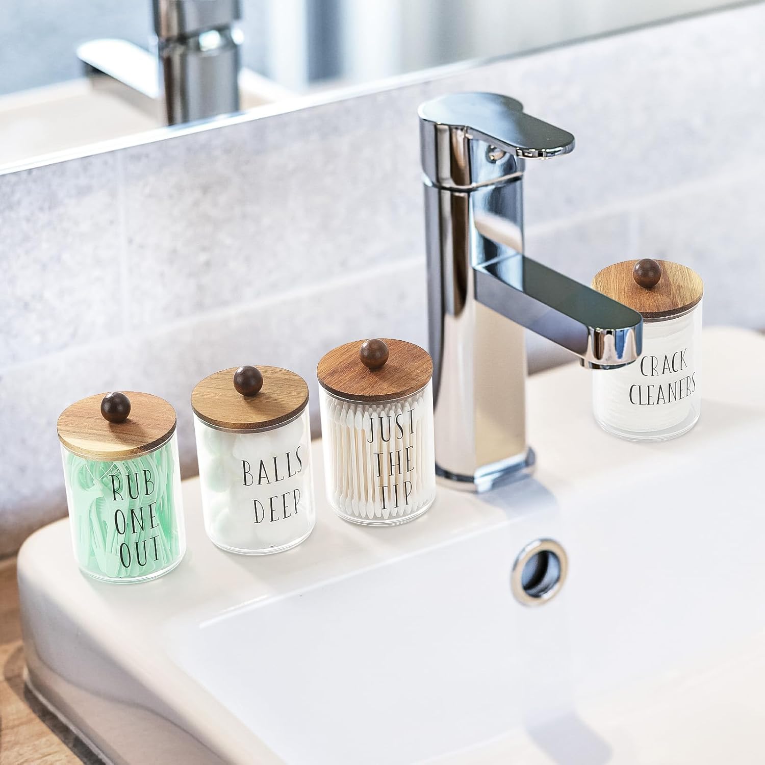 4 Pack Qtip Holder with Wood Lids - 10 oz Clear Storage Jars