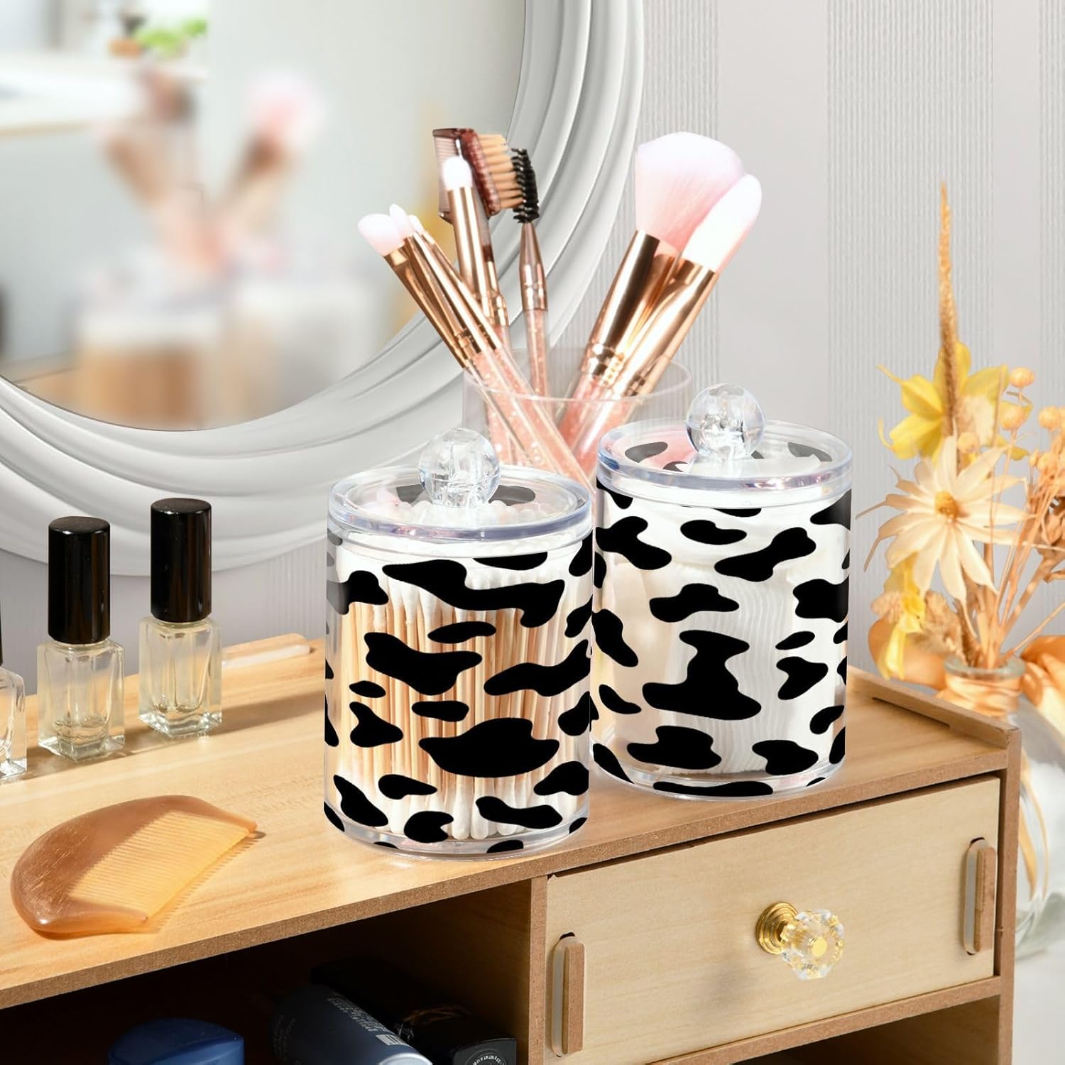 Qilmy Black Cow Spots Qtip Holder 2 Pack Canister