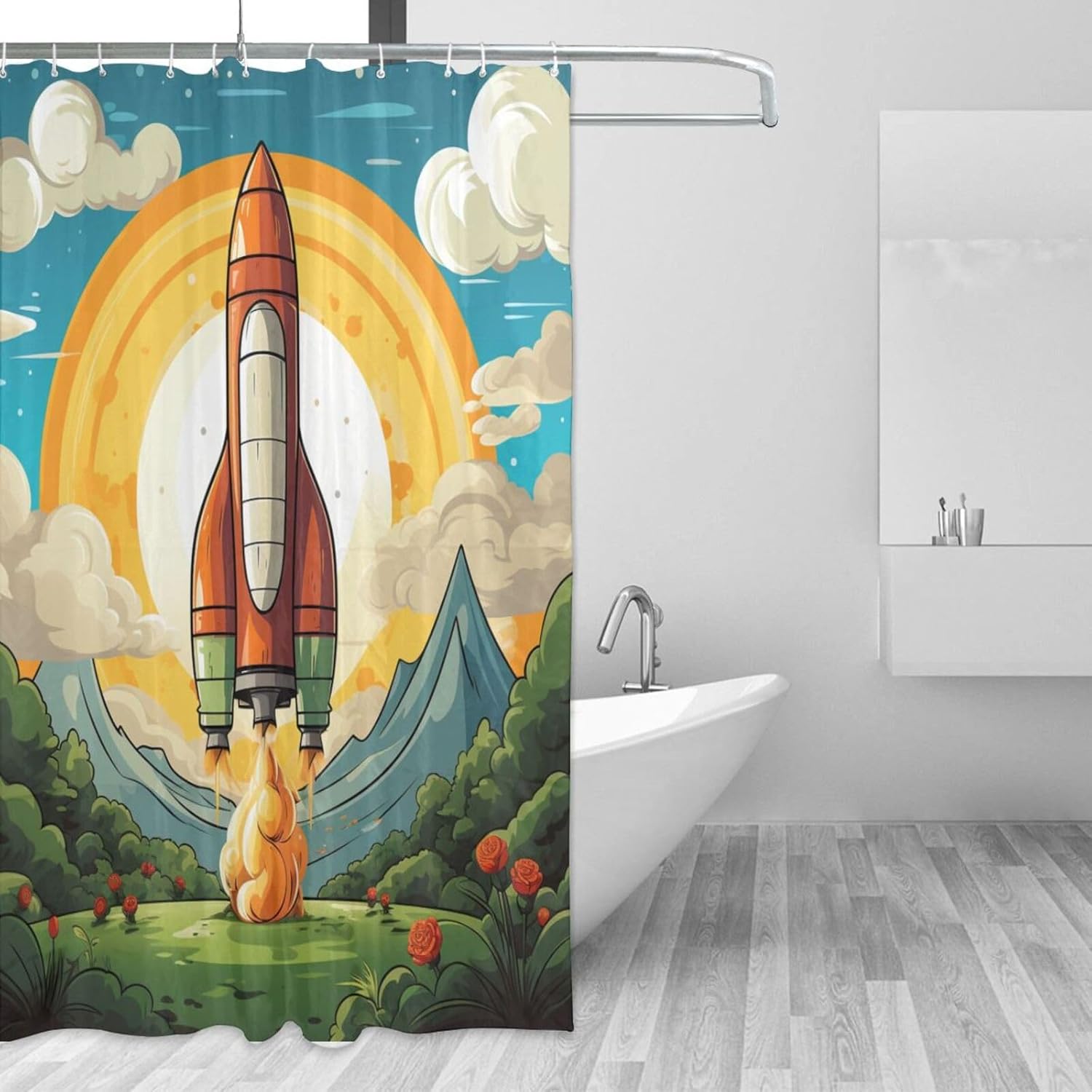 Cartoon Rocket Shower Curtain with 12 Hooks 72x72in