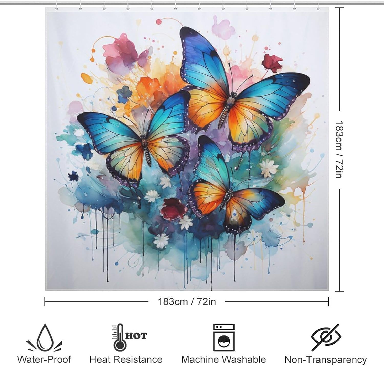 Blue Butterfly Waterproof Shower Curtain Set with 12 Hooks 72x72in