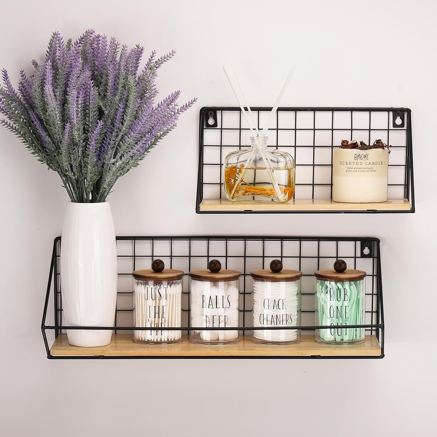 4 Pack Qtip Holder with Wood Lids - 10 oz Clear Storage Jars