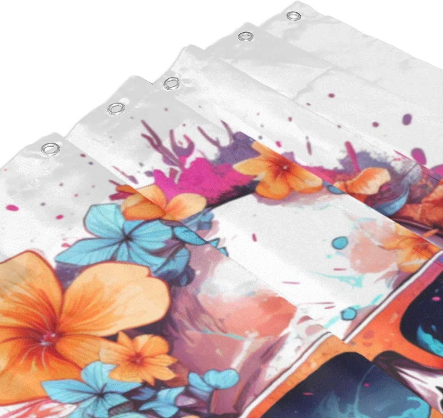 Boho Blue Flower Skull Shower Curtain Set with 12 Hooks 1