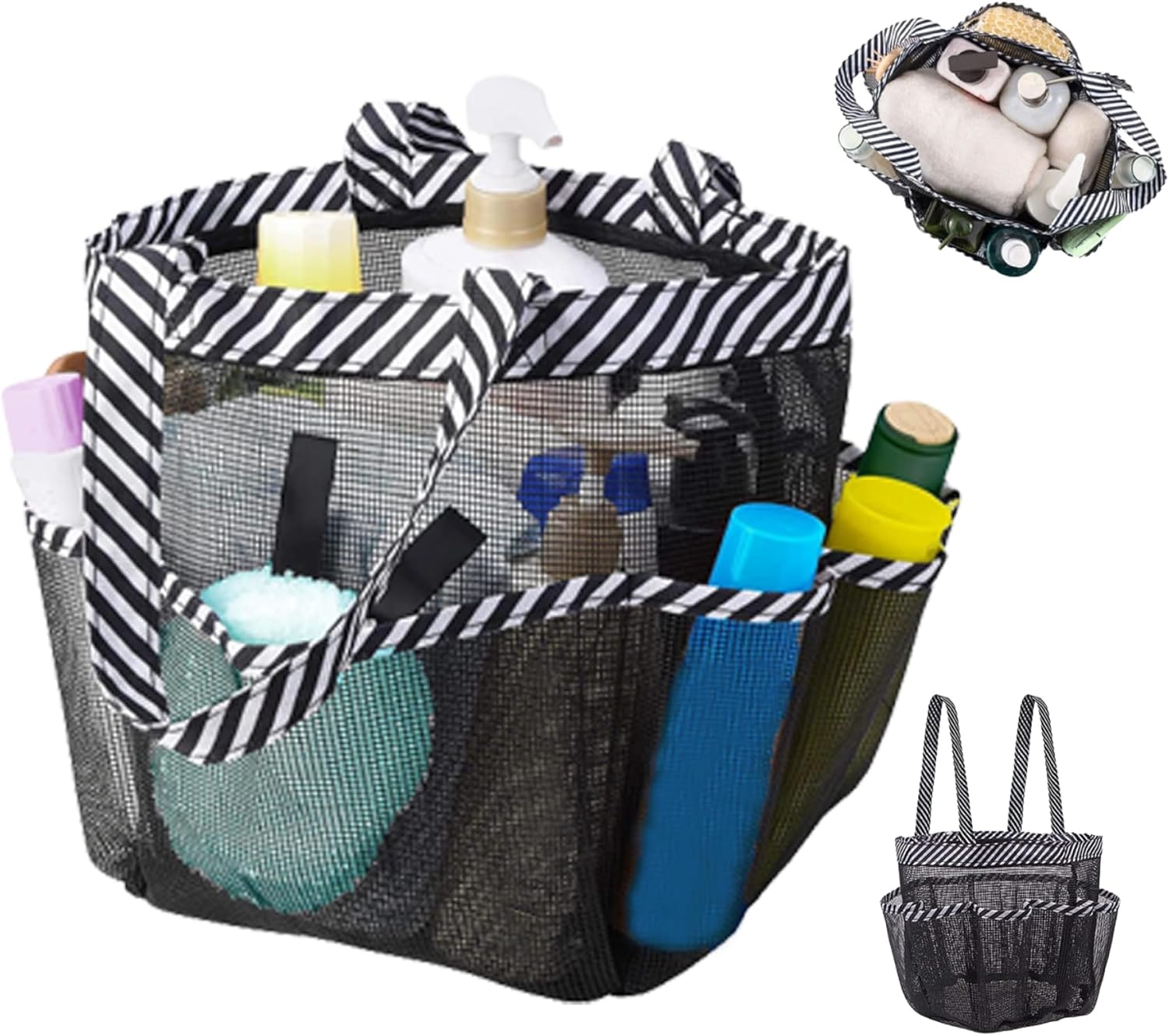 Mesh Shower Caddy with 8 Pockets Portable Black White