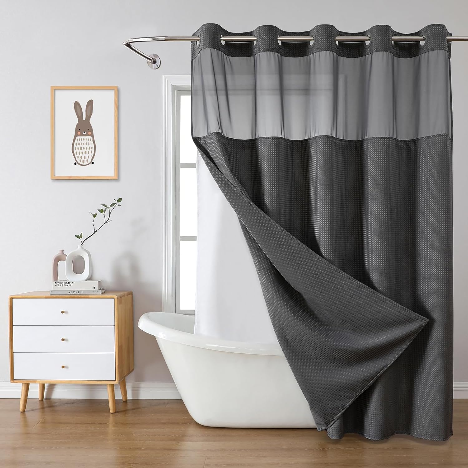 Charcoal Grey Waffle Weave Shower Curtain with Snap Liner Replacement
