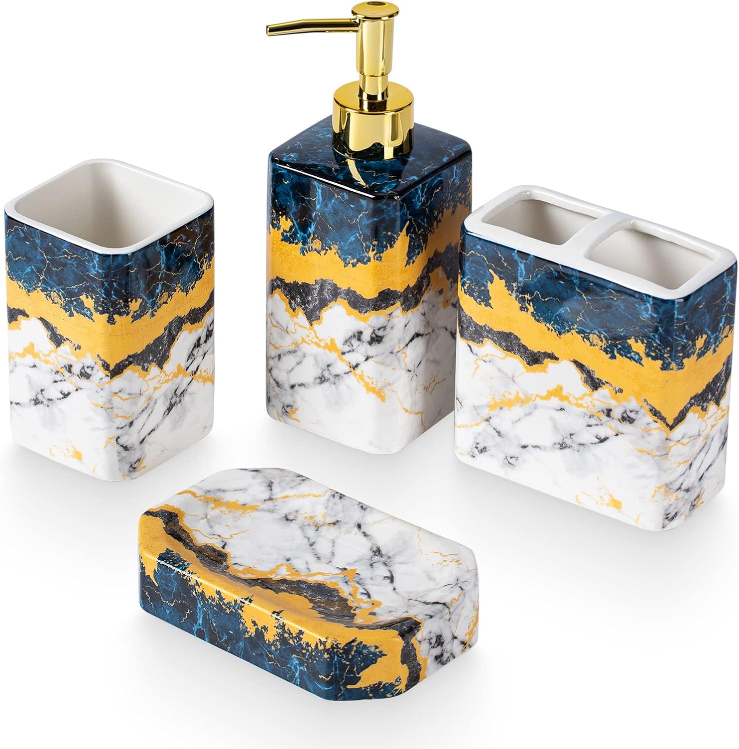 4 Piece Blue Marble Bathroom Accessories Set