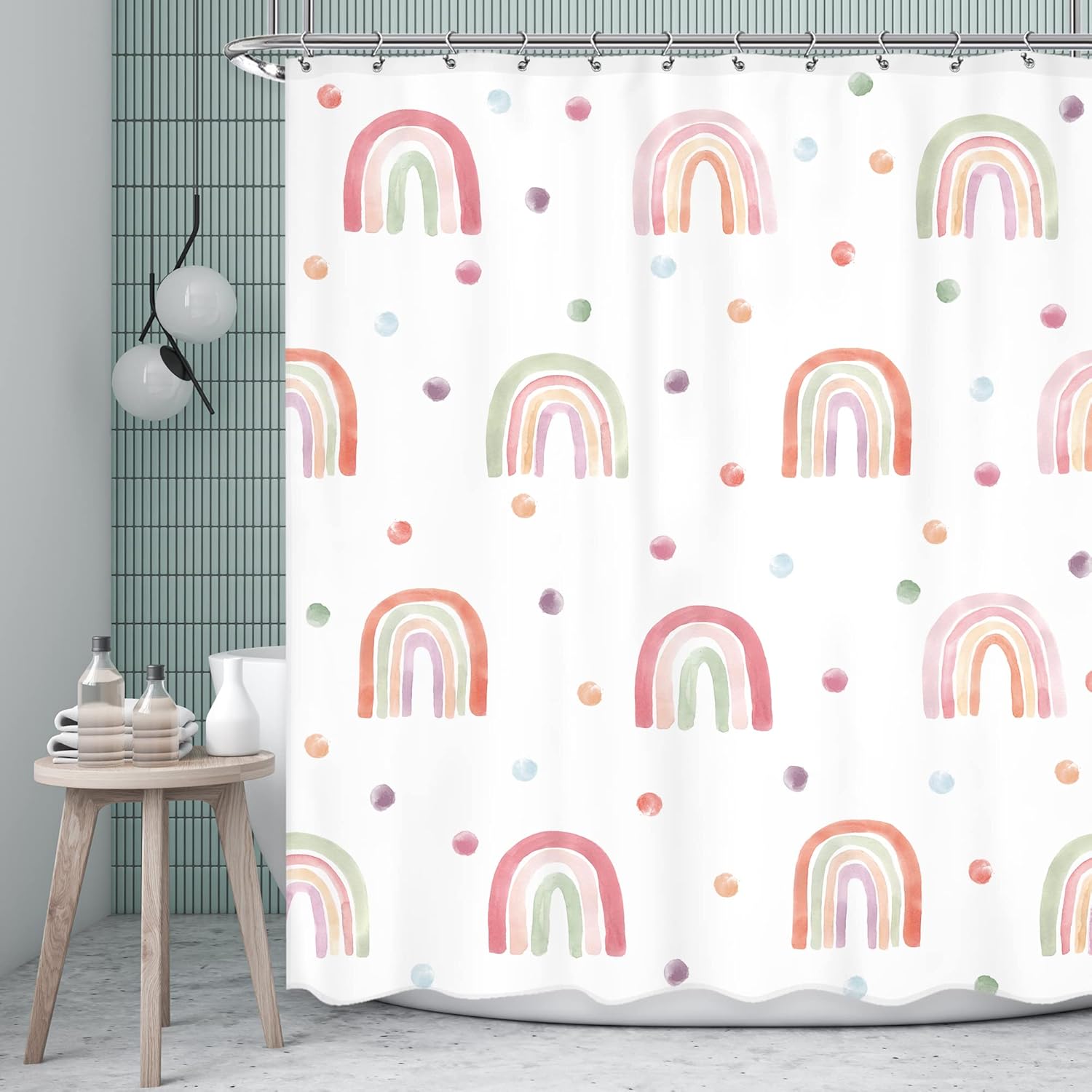 Kids Rainbow Shower Curtain with Hooks