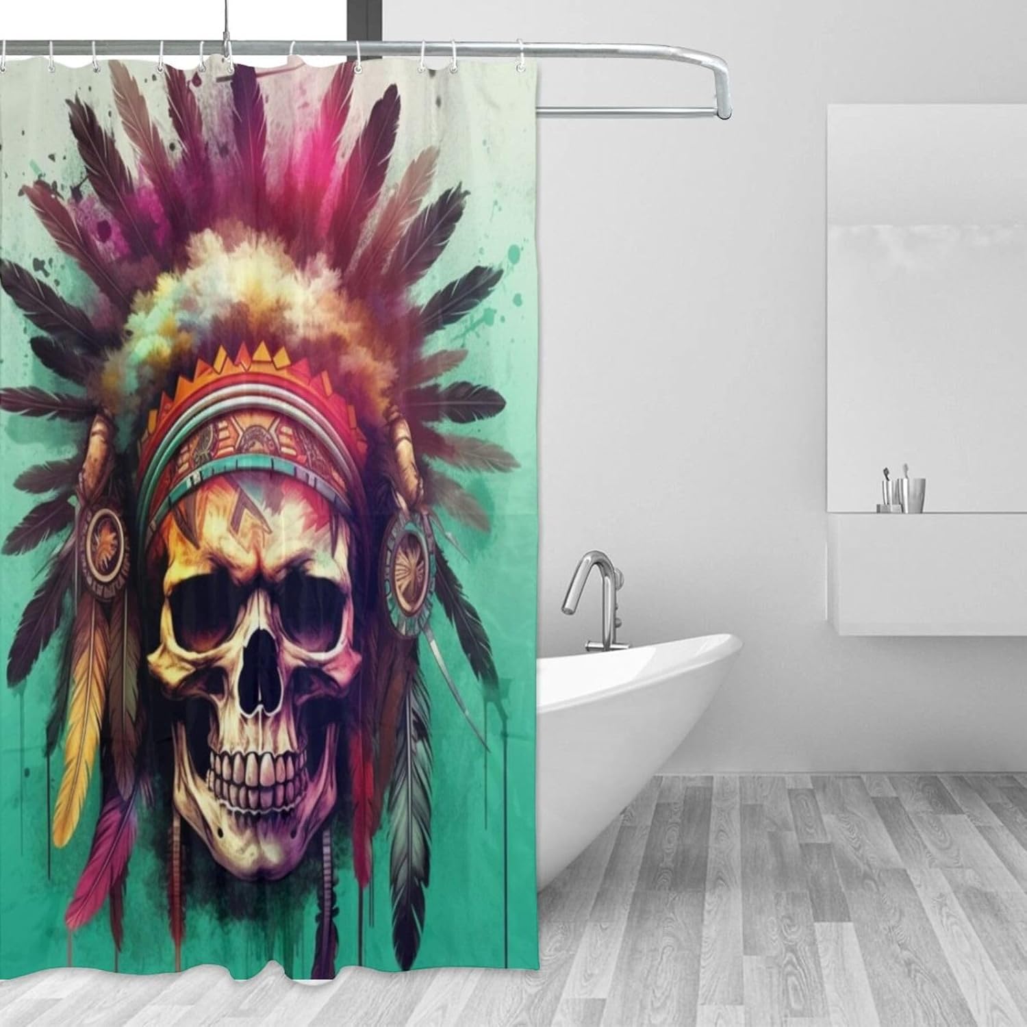 Red Feather Paint Spatter Boho Shower Curtain Set with 12 Hooks