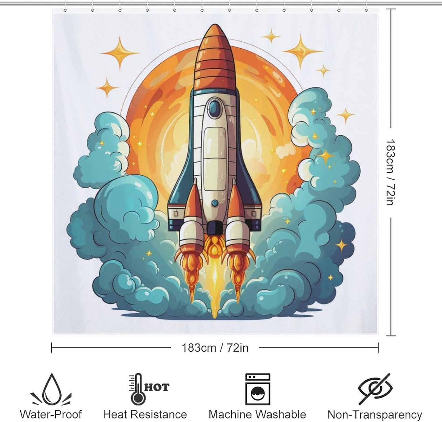 Cartoon Rocket Shower Curtain Set with 12 Hooks 72x72in