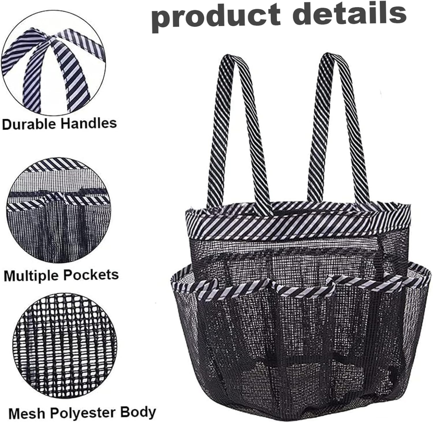 Mesh Shower Caddy with 8 Pockets Portable Black White