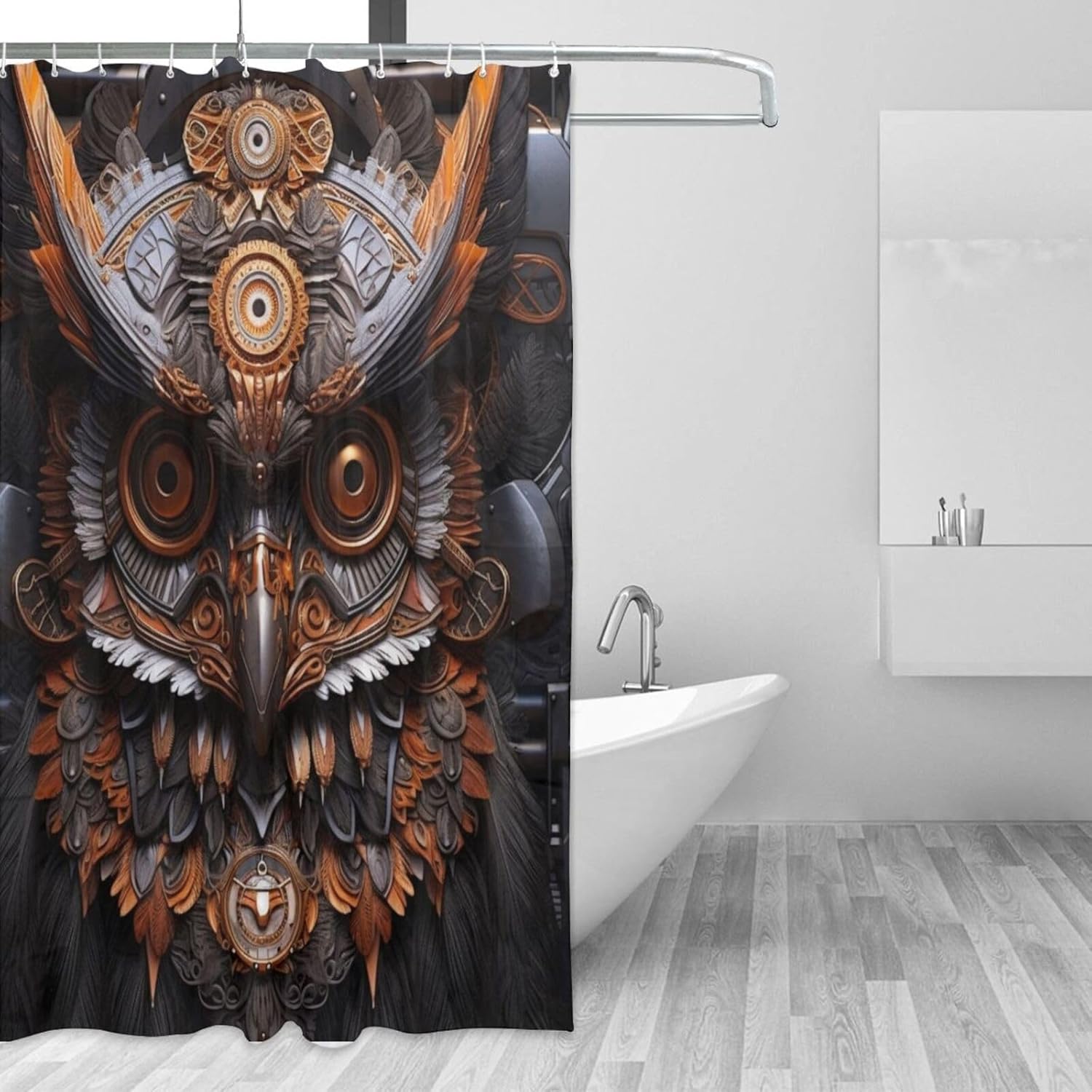 Mecha Owl Waterproof Shower Curtain Set with 12 Hooks 72x72in