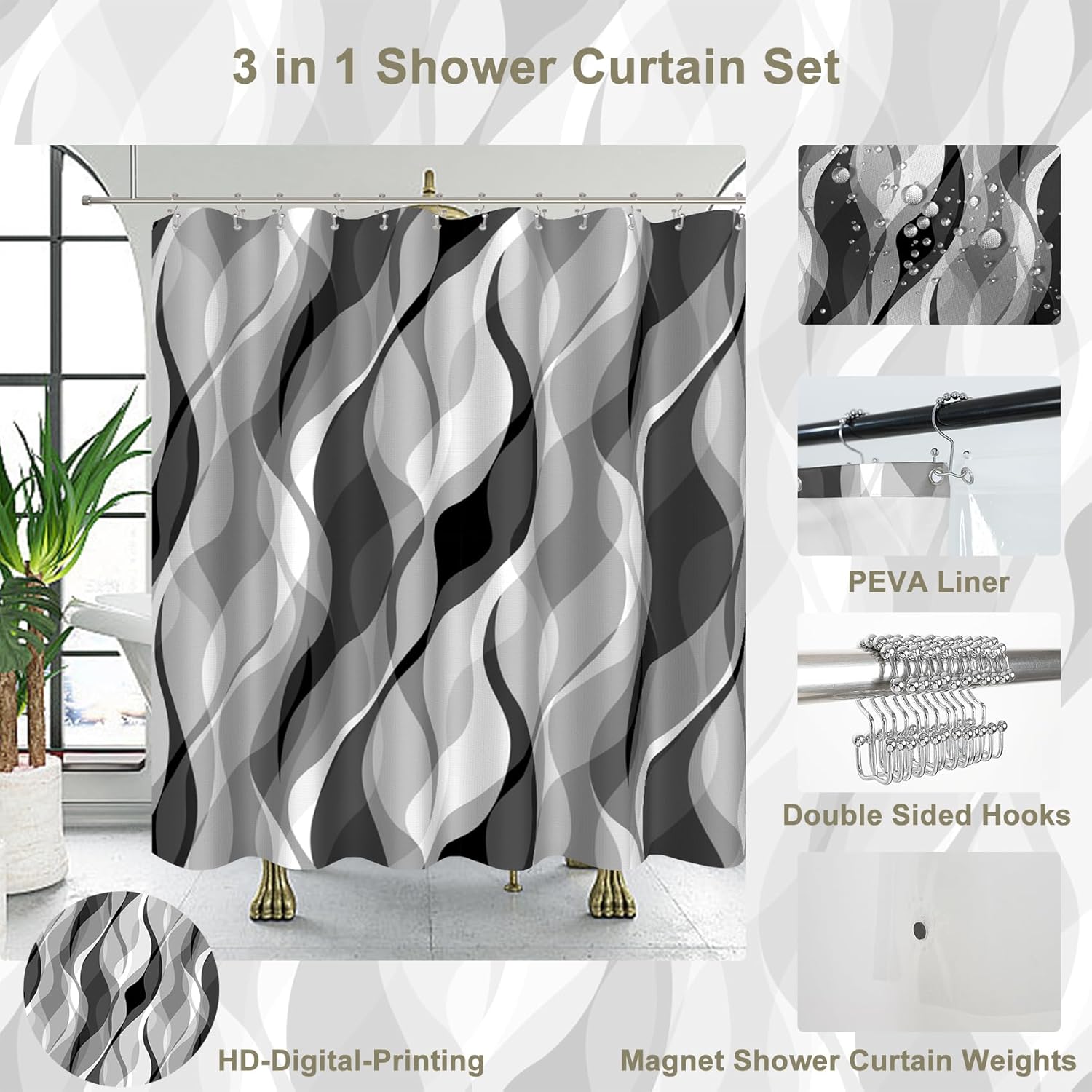 Grey Black Modern 3 in 1 Shower Curtain Set
