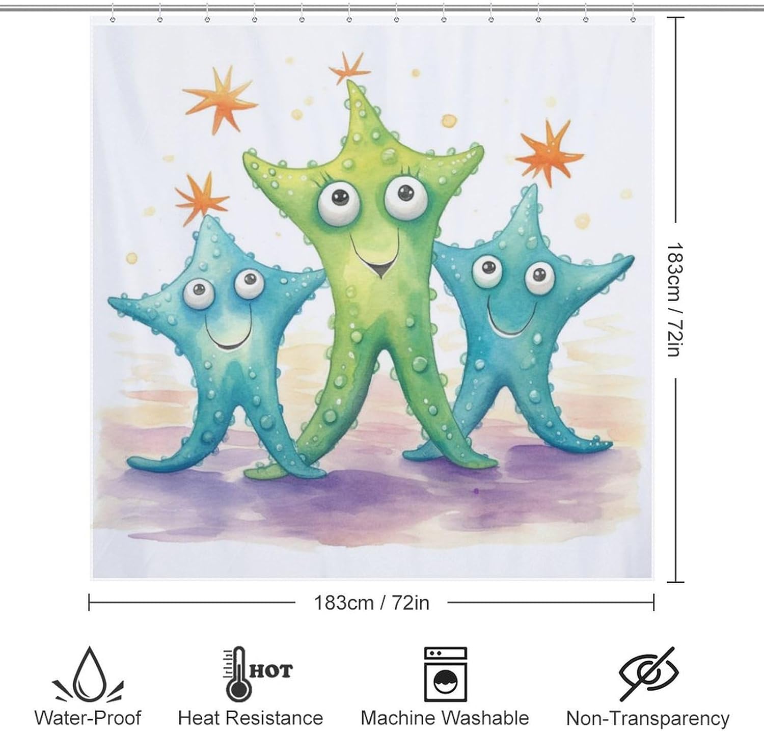Blue Green Starfish Shower Curtain Set 72x72in