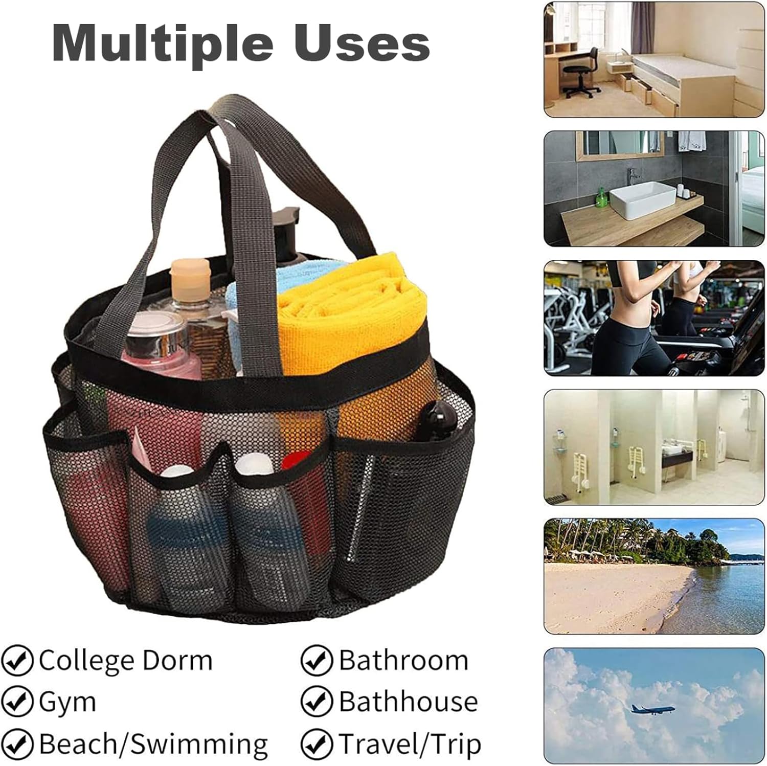 Hperu Mesh Portable Shower Bag with 8 Pockets Black