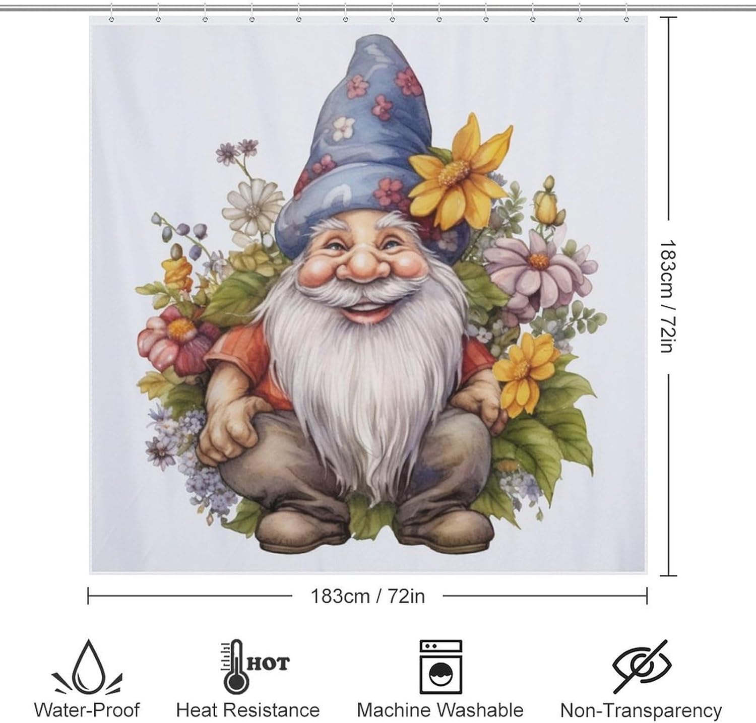 Cute Gnome Shower Curtain Set with 12 Hooks 72x72in