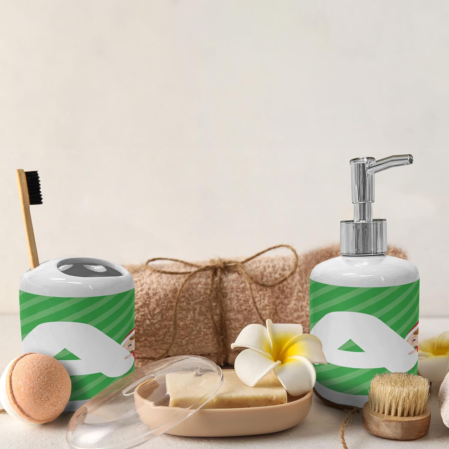 Ambesonne Christmas Alphabet Soap Dispenser Toothbrush Holder Set