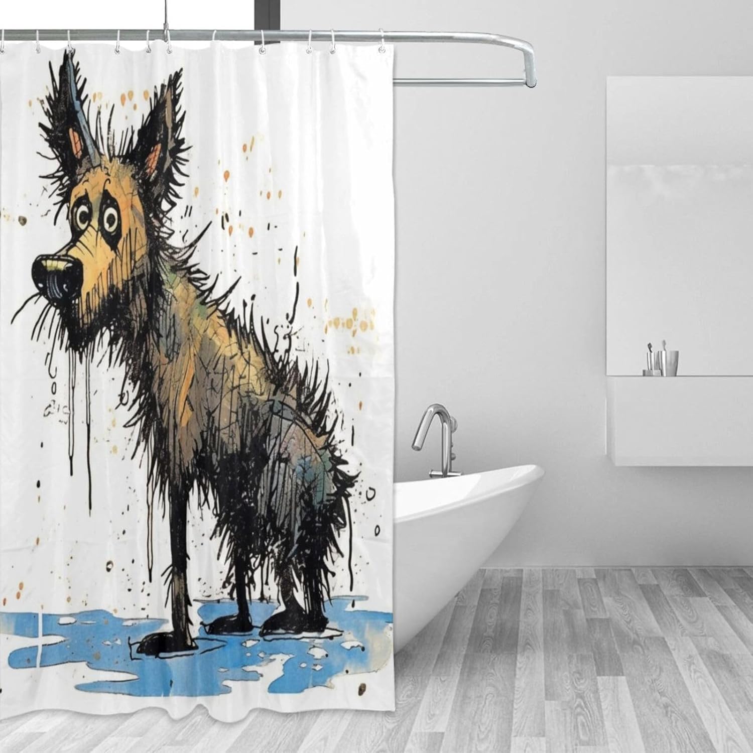 Cartoon Dirty Dog Waterproof Shower Curtain Set with 12 Hooks