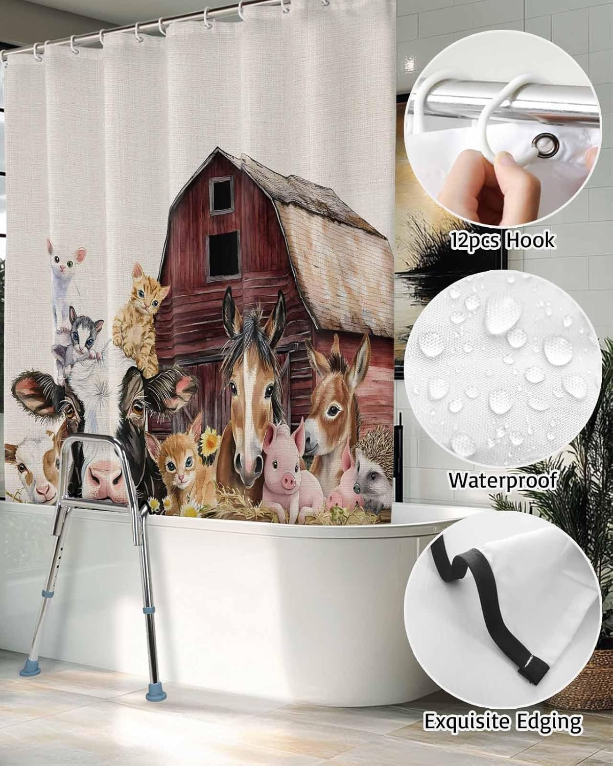 Split Shower Curtain with Hooks for Transfer Bench and Bath Tub