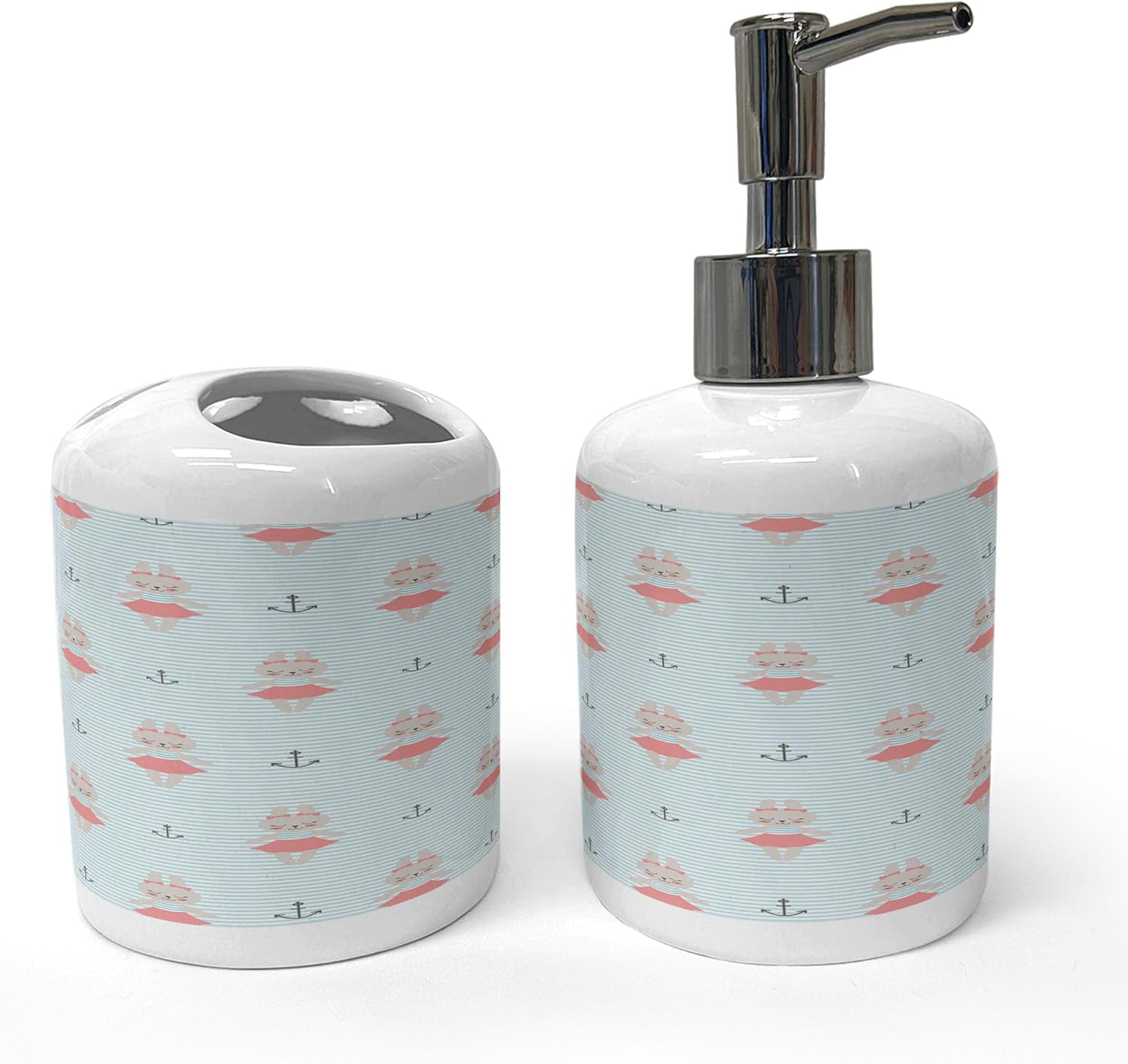 Ambesonne Ceramic Soap Toothbrush Holder Set Pale Tan Bunnies Nautical Pattern 2 Pcs