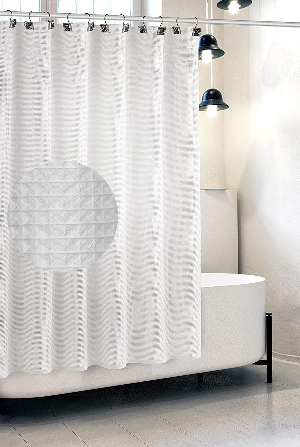 Waffle Fabric White Shower Curtain with Liner Set