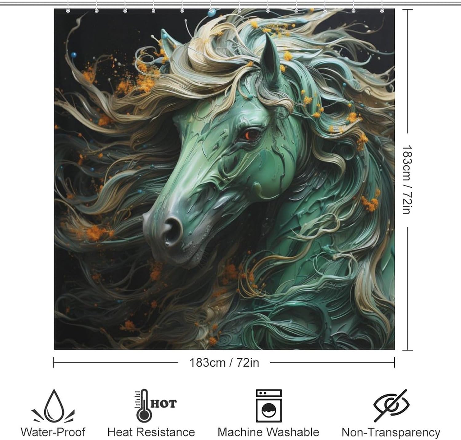 Green Horse Boho Shower Curtain Set with 12 Hooks 72x72in