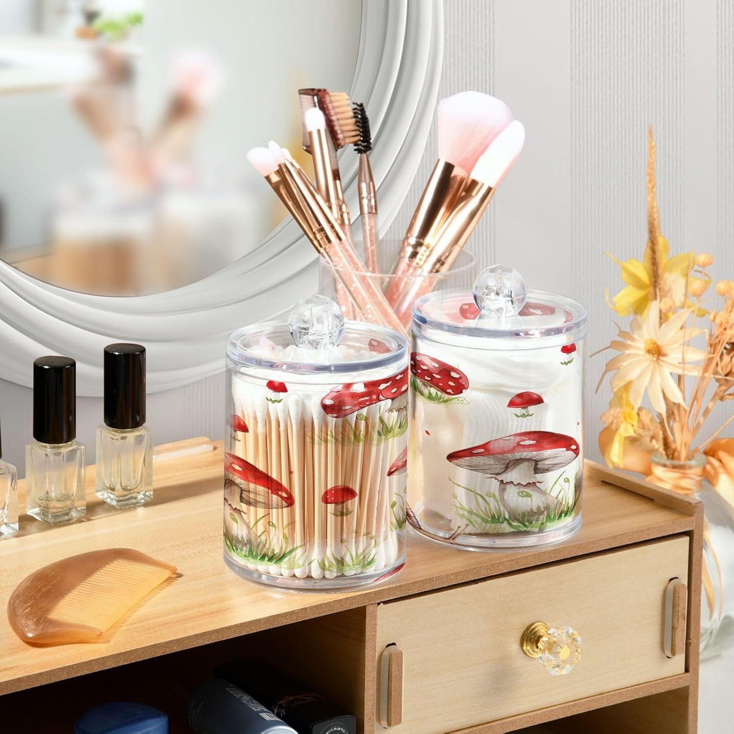 YETTASBIN Mushroom Clear Plastic Storage Jars 2 Pack
