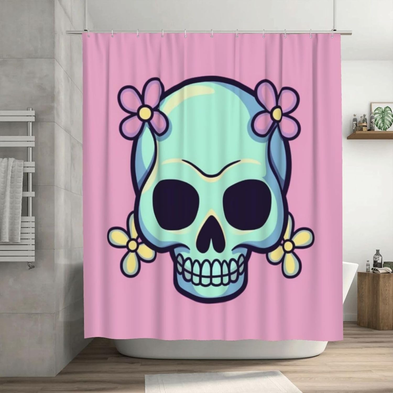 TIYAANDSY Cartoon Skull Pink Flower Shower Curtain Set