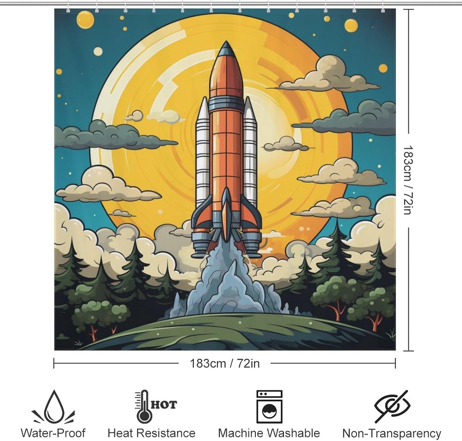 TIYAANDSY Cartoon Rocket Shower Curtain Set 72x72in with 12 Hooks