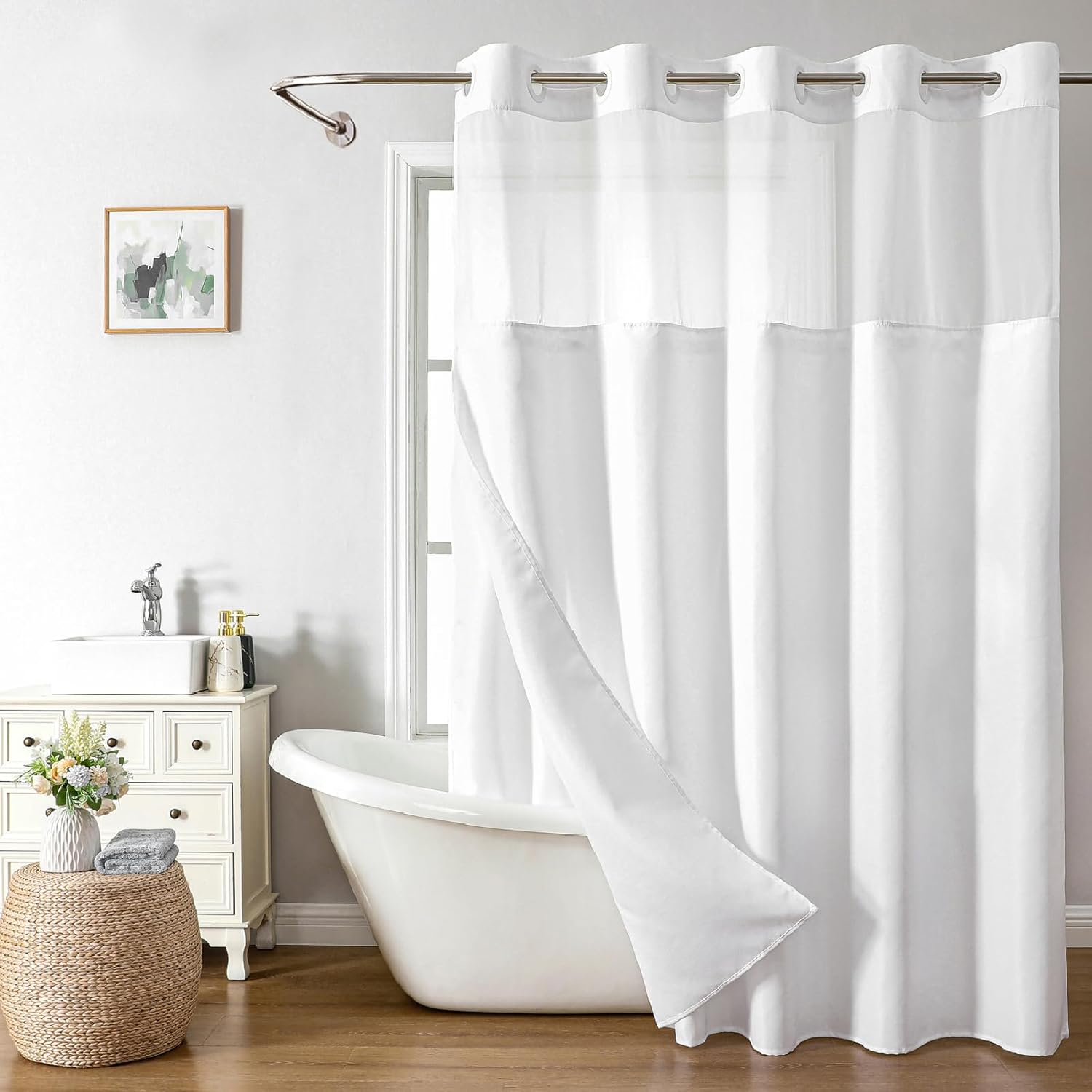 Linen Textured Shower Curtain with Snap-In Liner Set White