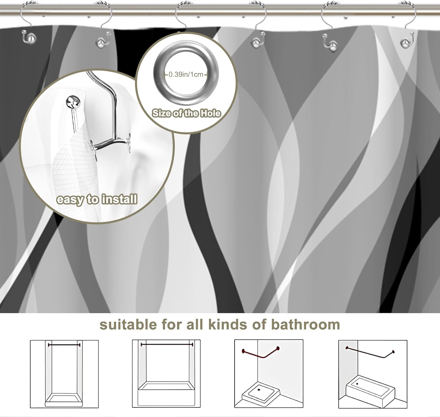 Grey Black Modern 3 in 1 Shower Curtain Set