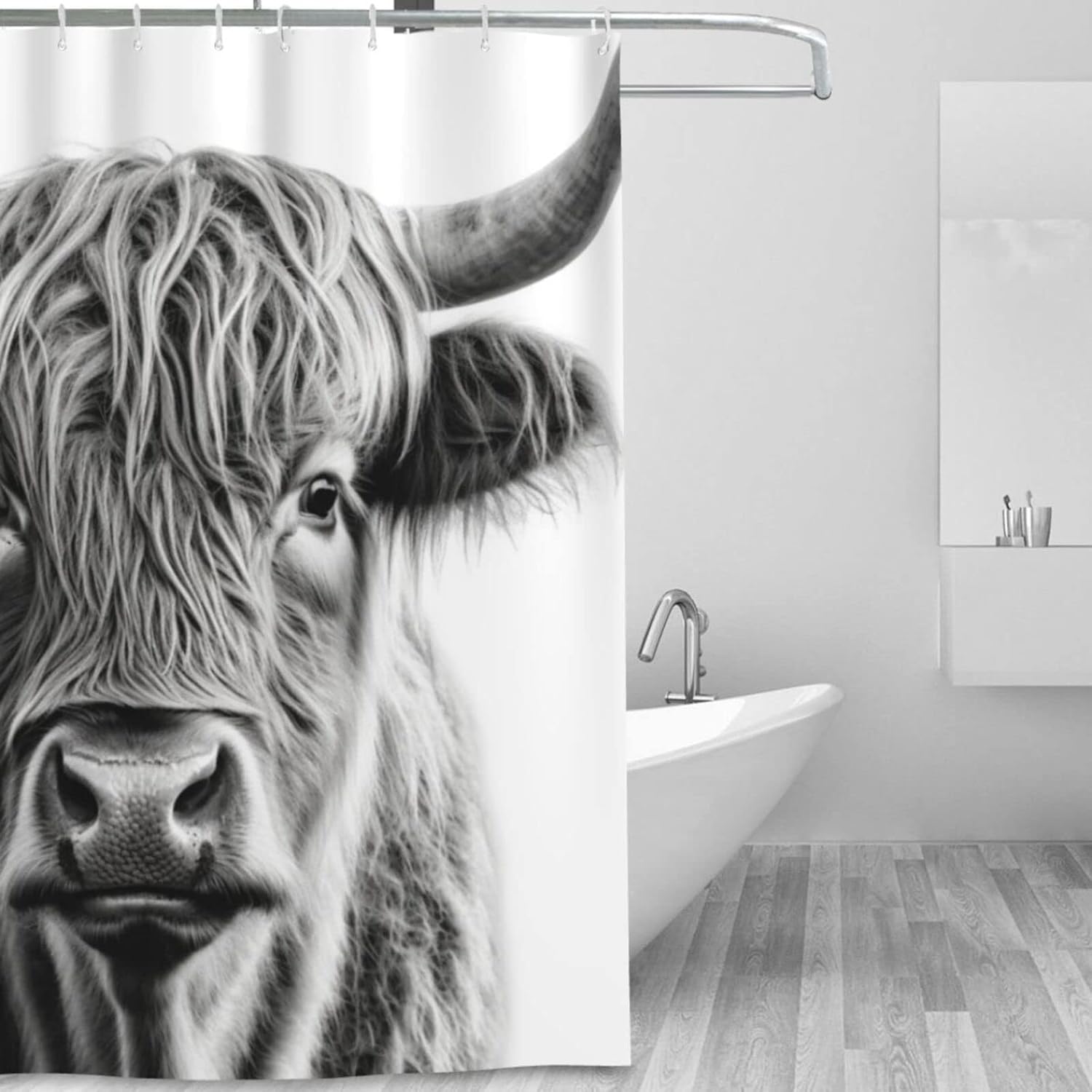 Highland Cow Pattern Waterproof Shower Curtain Set with 12 Hooks 72x72in