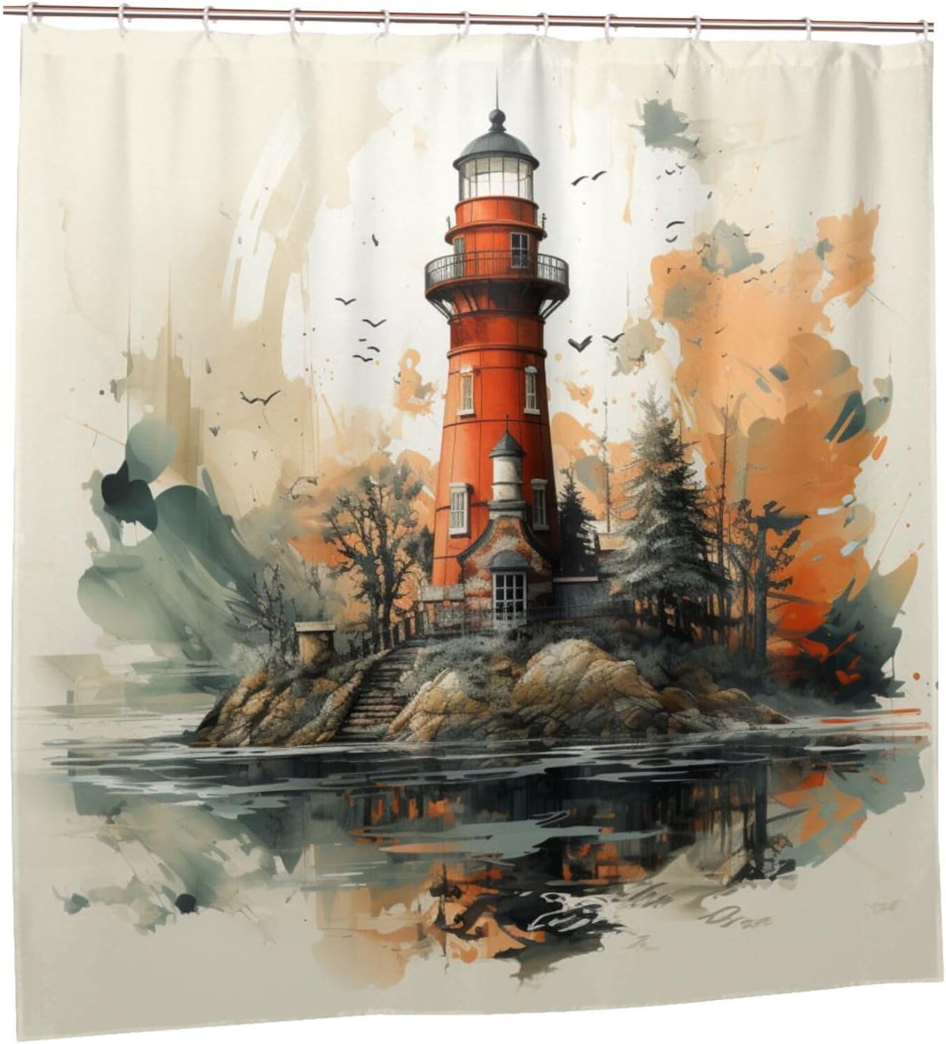 Lighthouse Shower Curtain Set with 12 Hooks 72x72in