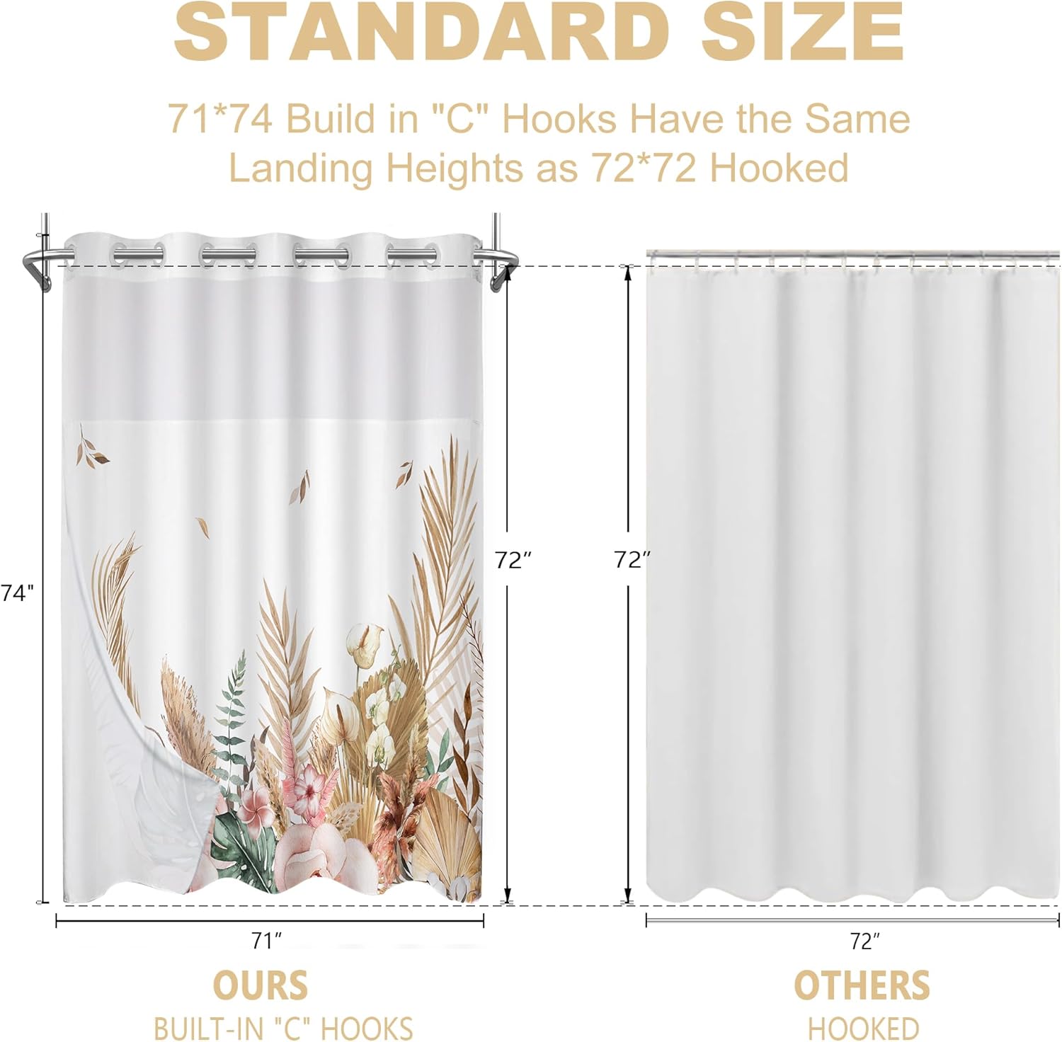 No Hook Flower Shower Curtain with Snap Liner 71x74 Inches