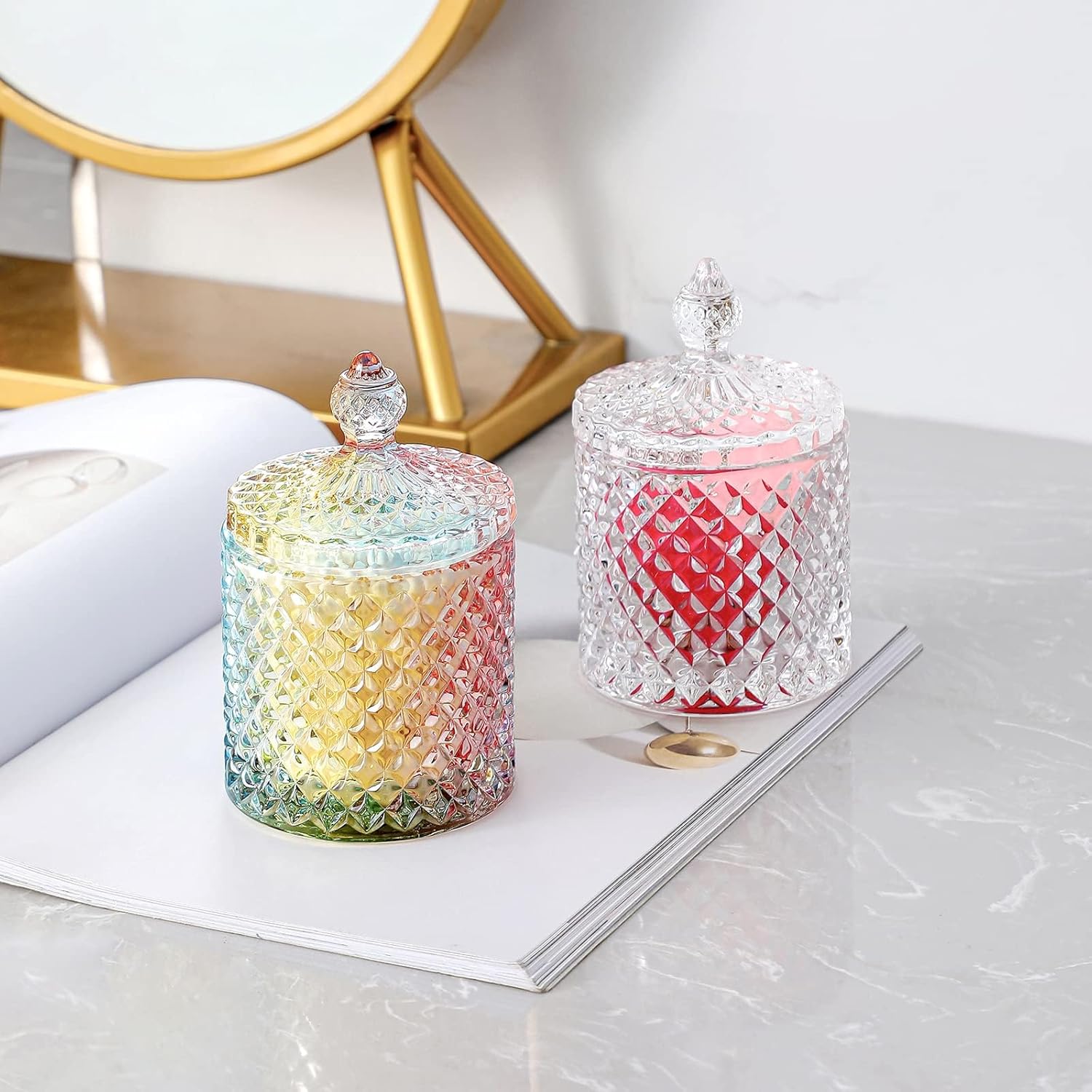 Rejomiik Q-Tip Holder Glass Jar with Lid 2 Pack Rainbow