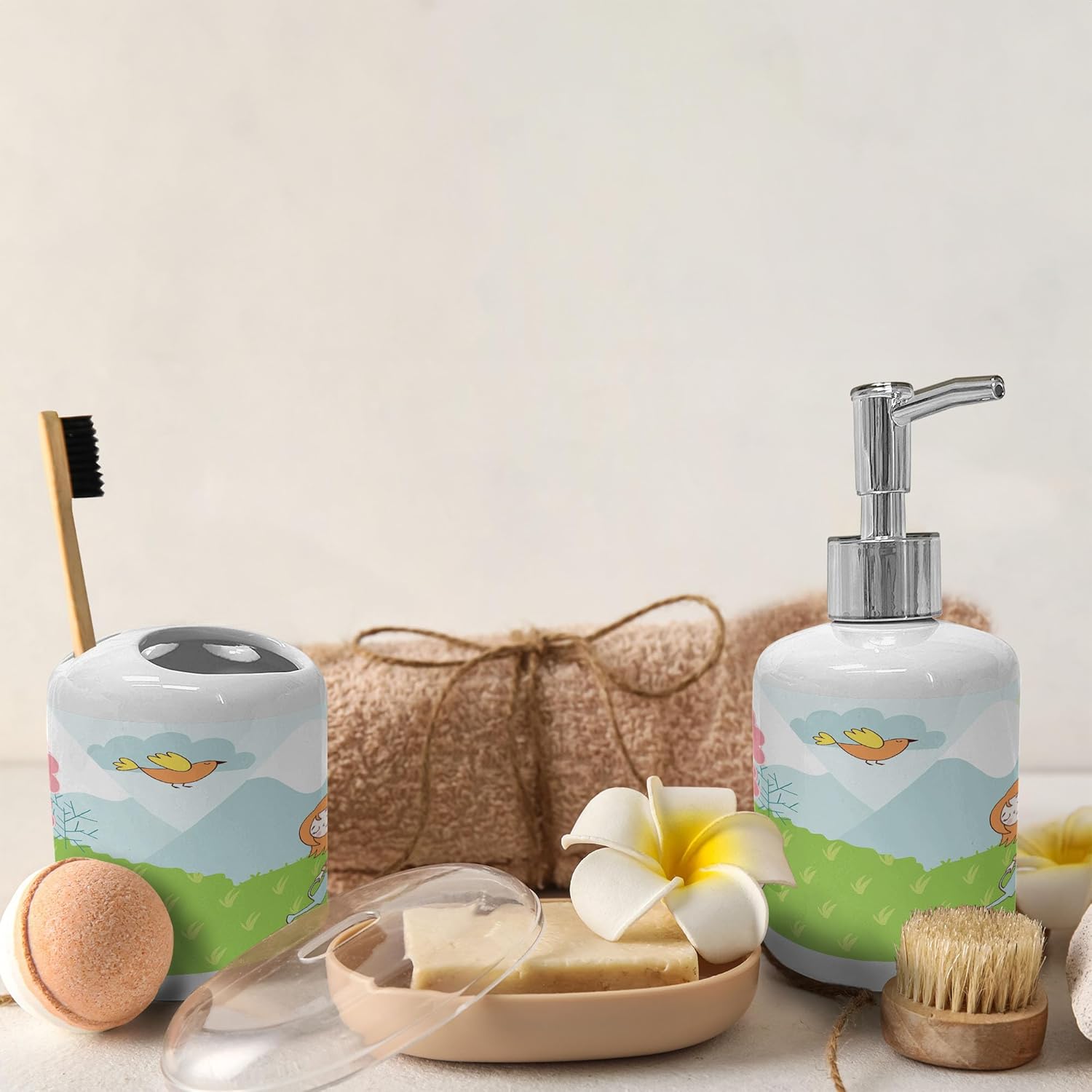 Ambesonne Cartoon Soap Toothbrush Holder Set 2 Pcs Lime Green