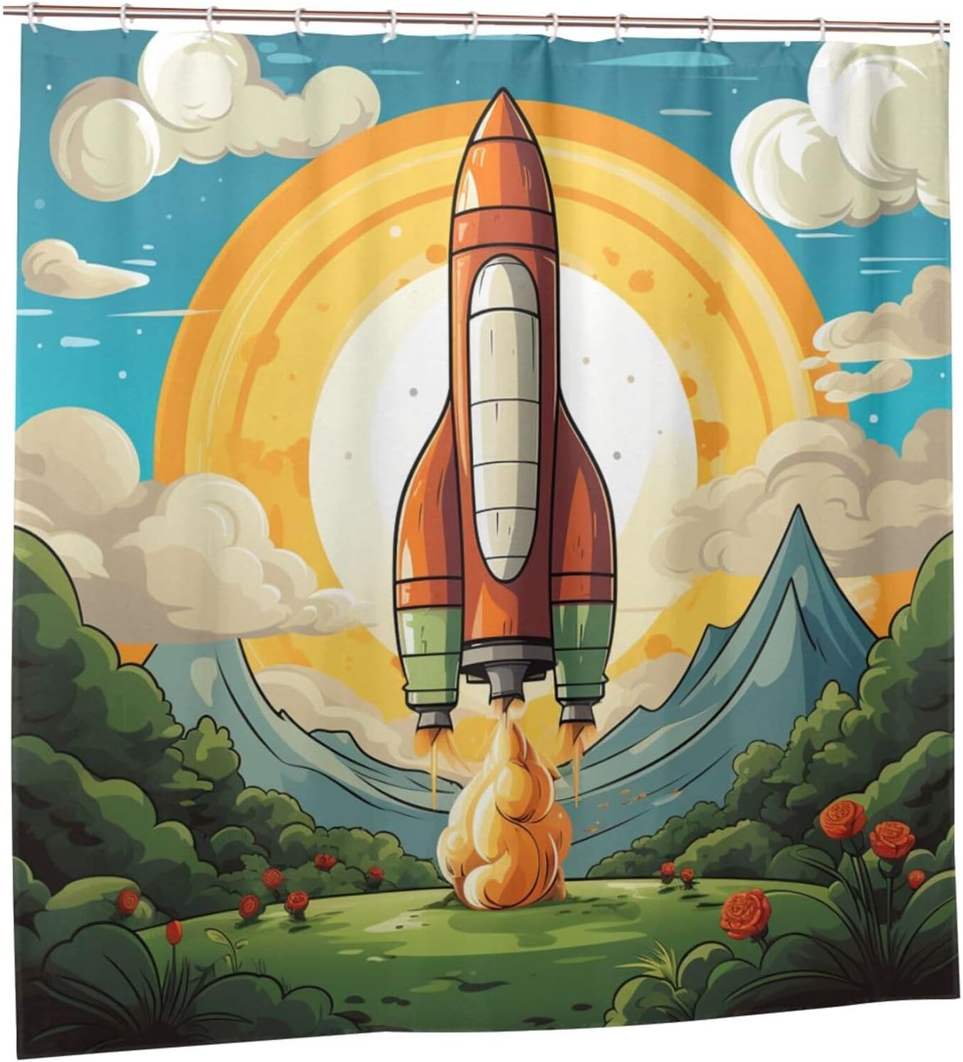 Cartoon Rocket Shower Curtain with 12 Hooks 72x72in