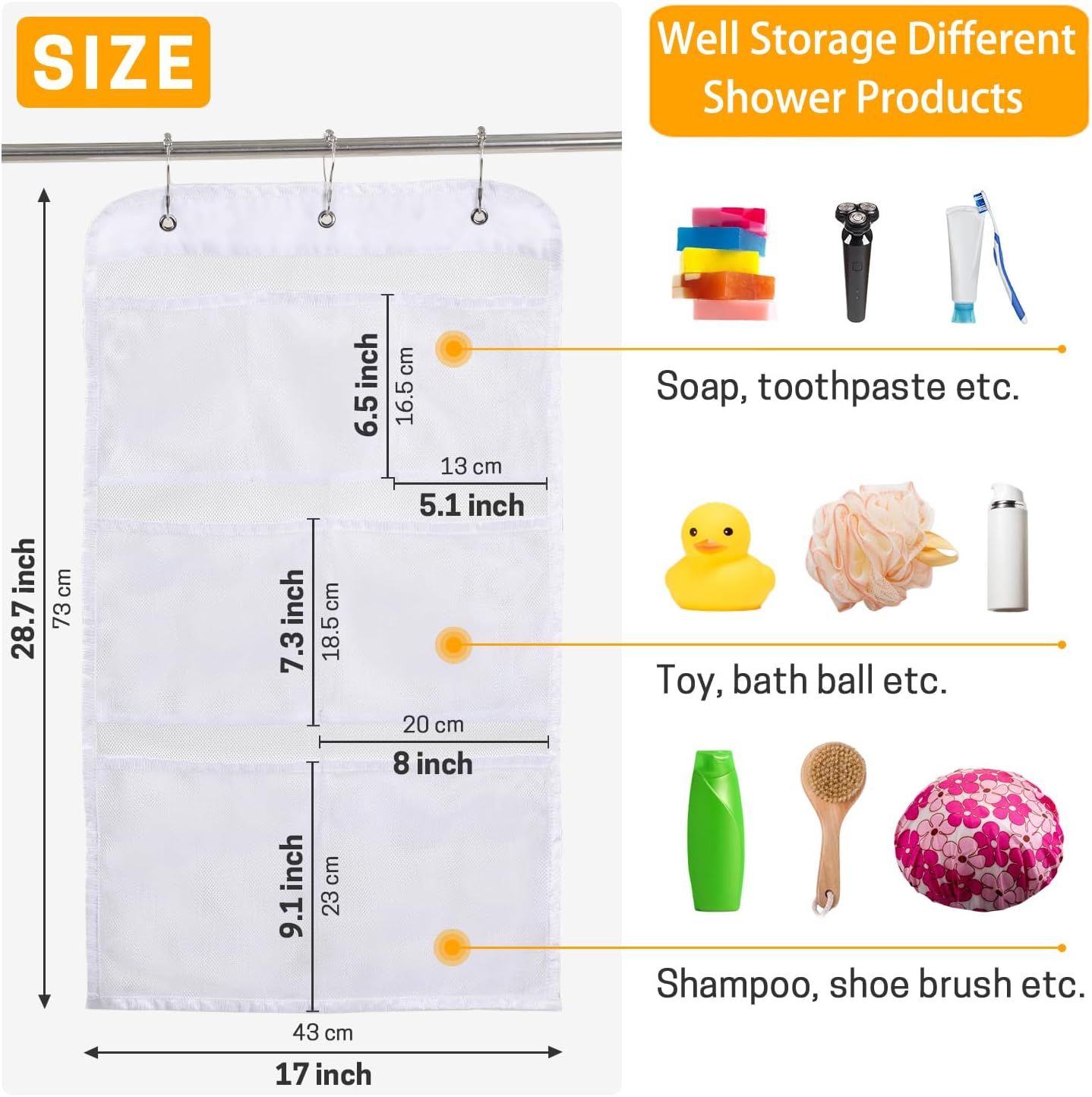 GNEGNI 7-Pocket Shower Caddy with Hooks 295 x 17 in 1