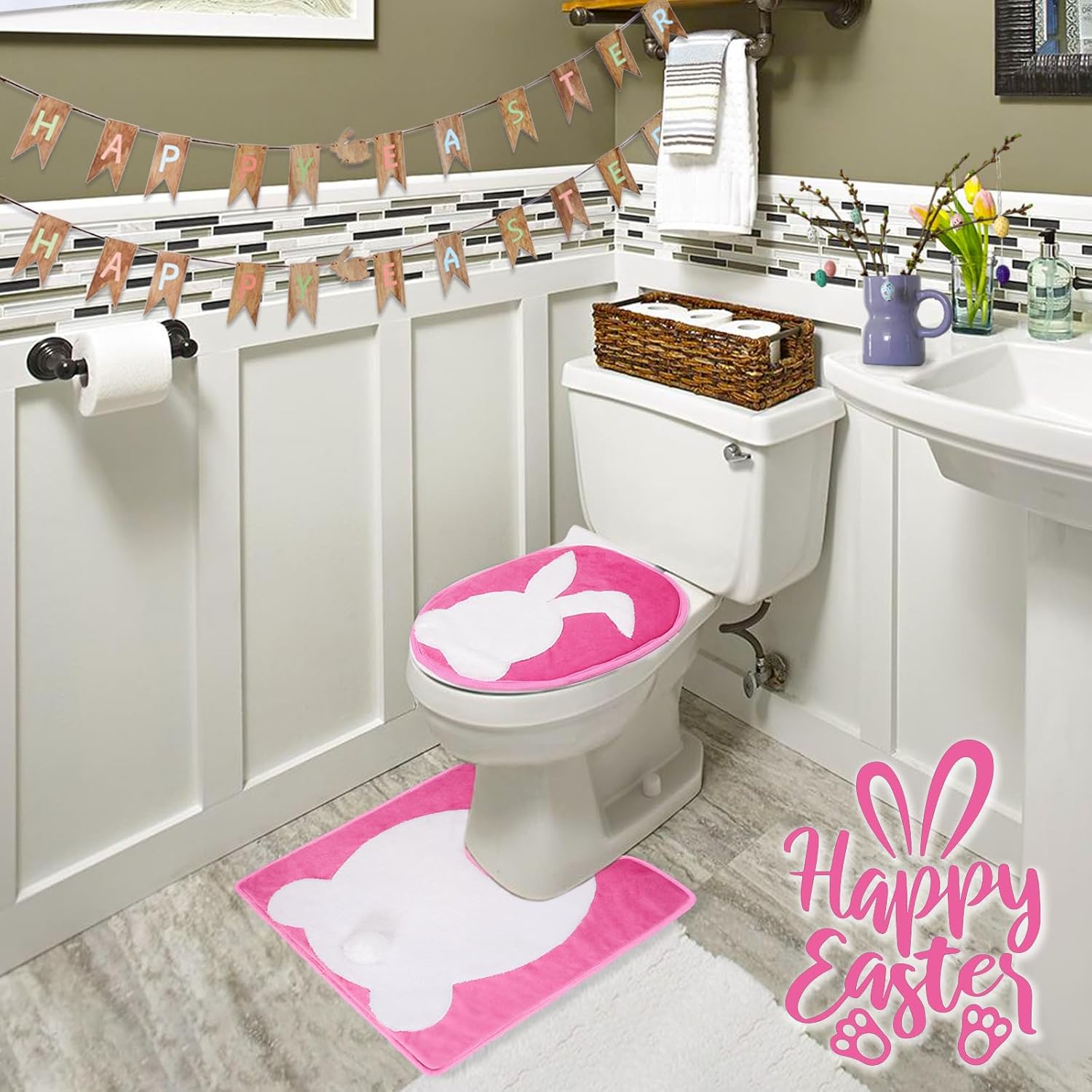 Easter Bunny Bathroom Set with Fluffy Rabbit Tail and Bath Mat