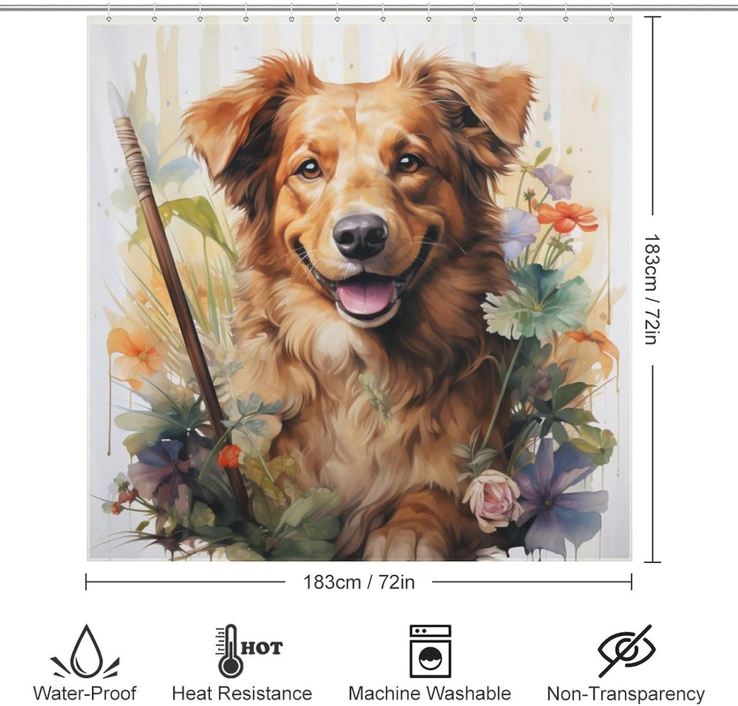Brown Dog Pattern Waterproof Shower Curtain Set with 12 Hooks 72x72in