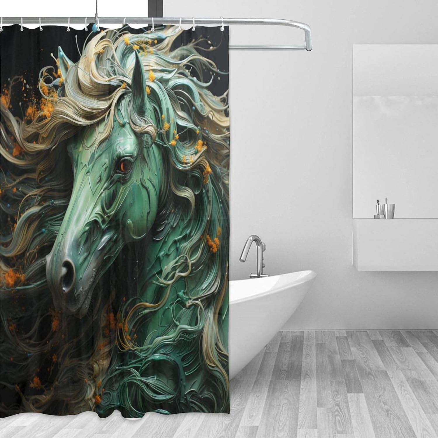 Green Horse Boho Shower Curtain Set with 12 Hooks 72x72in